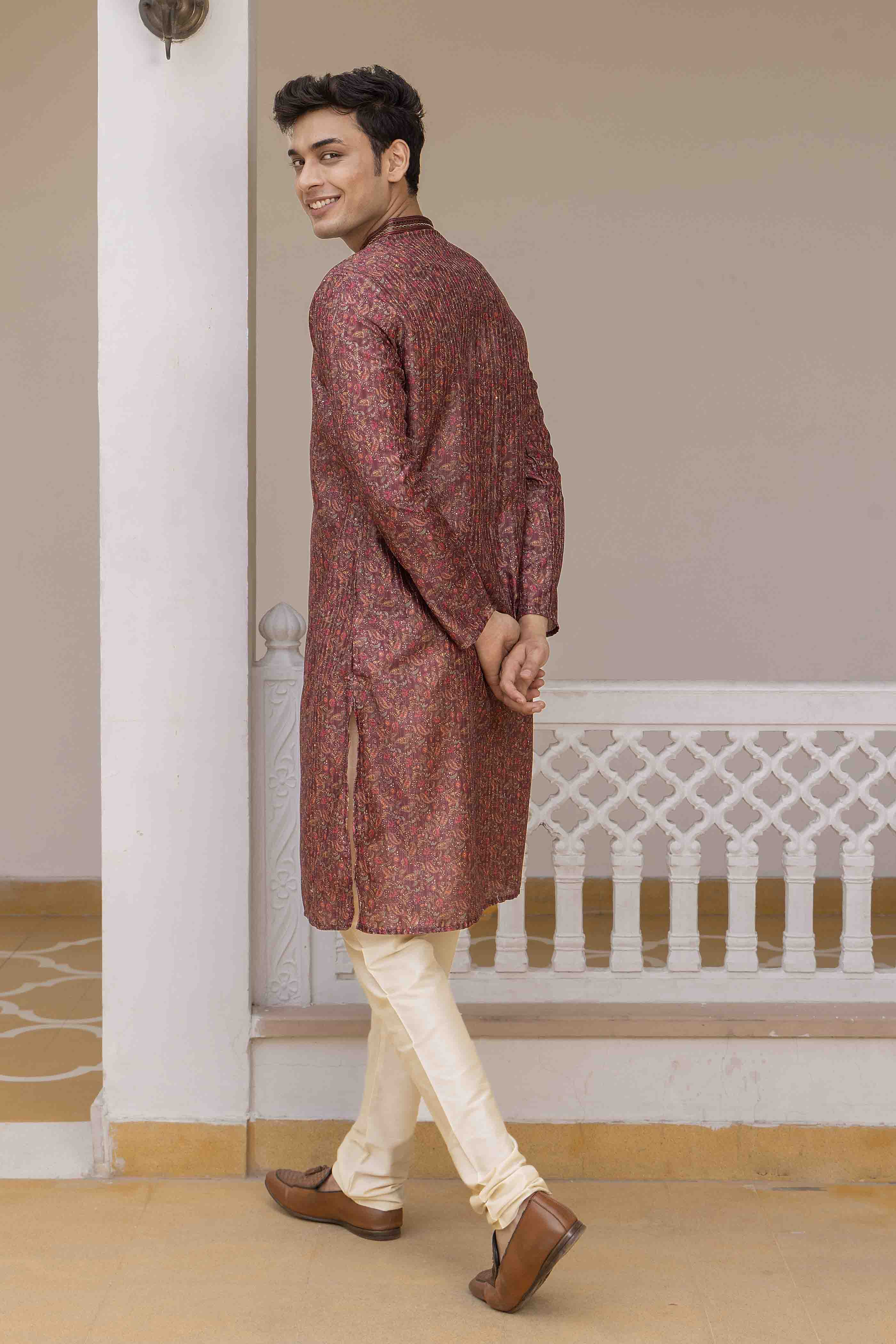 Wine Printed Sequence Kurta