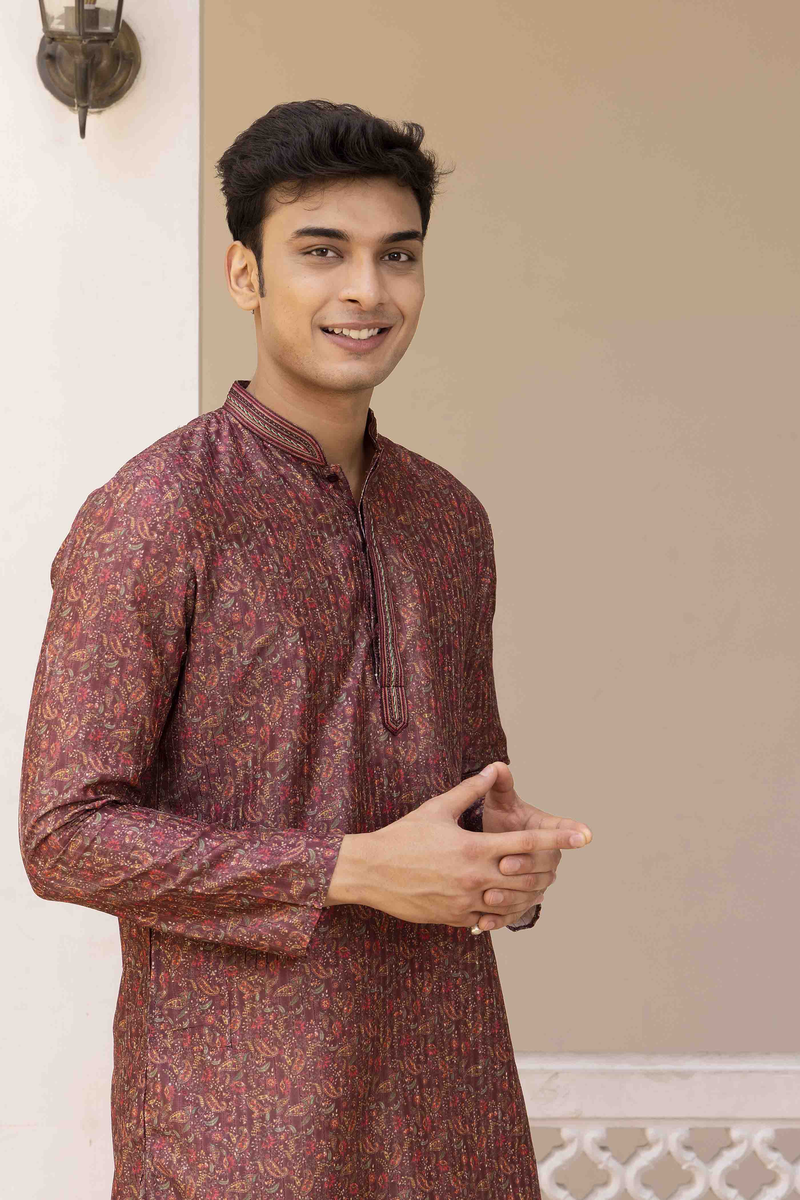 Wine Printed Sequence Kurta