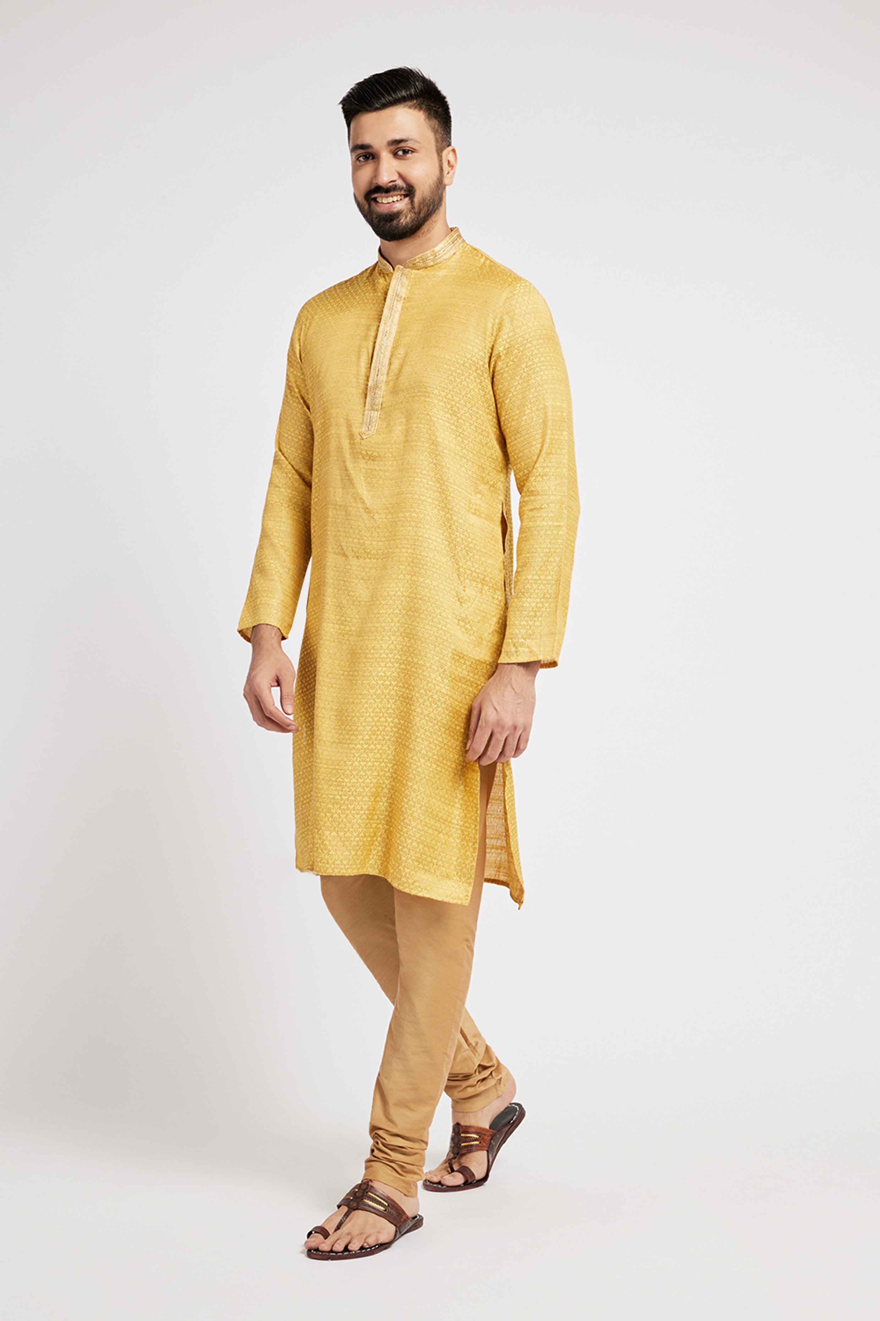 Yellow Beige Jacquard Weave Men's Ethnic Kurta