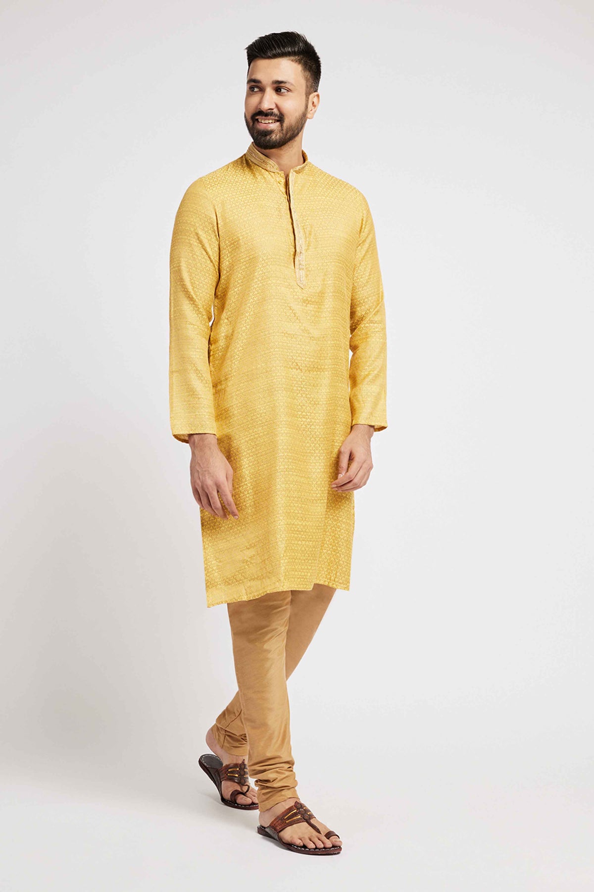 Yellow Beige Jacquard Weave Men's Ethnic Kurta