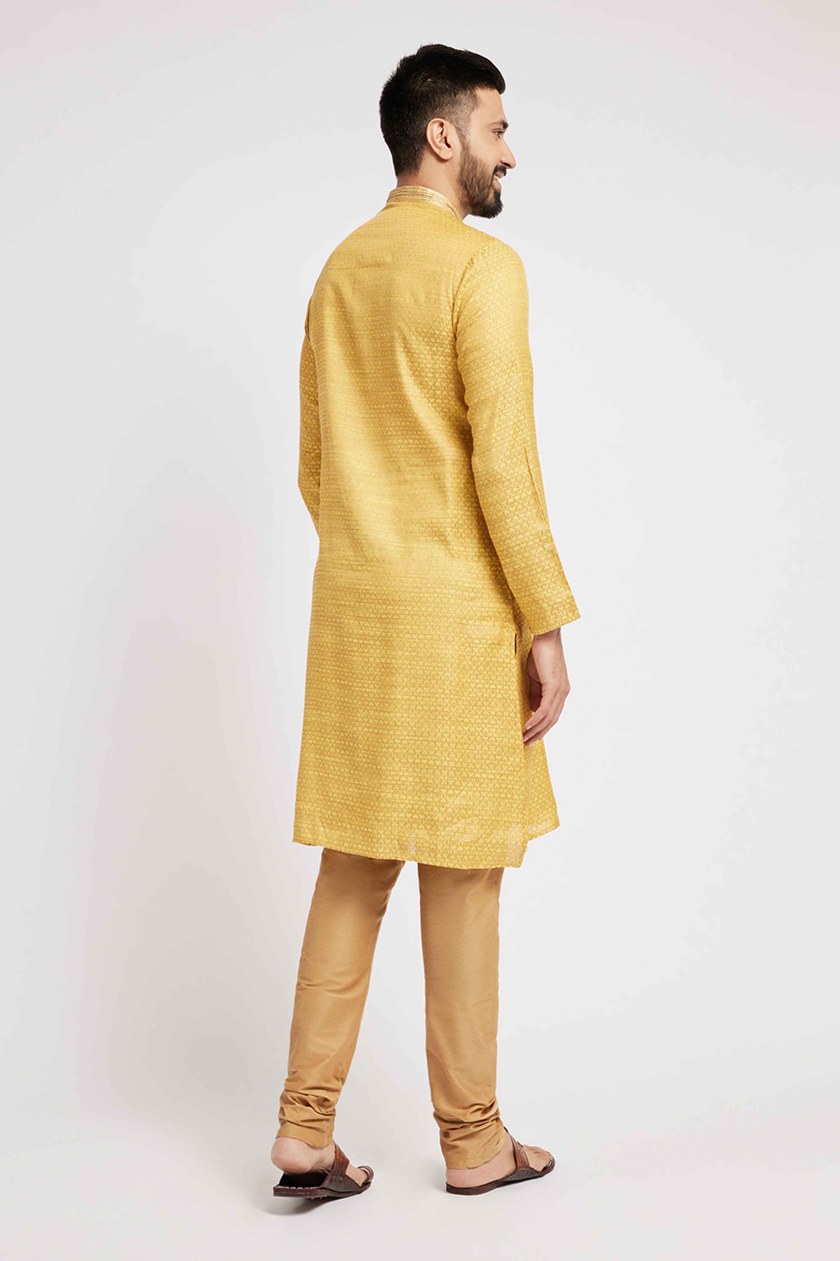 Yellow Beige Jacquard Weave Men's Ethnic Kurta