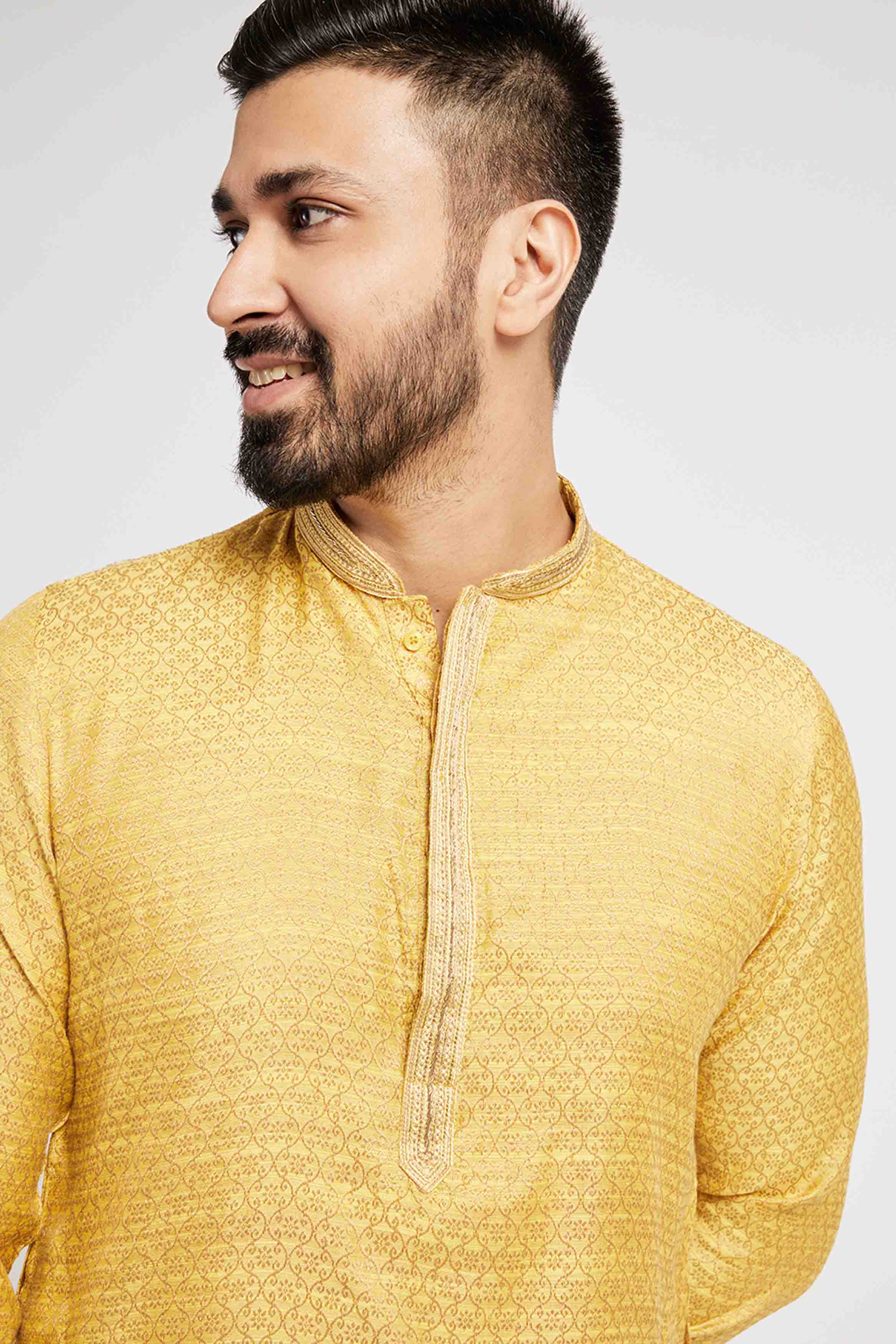 Yellow Beige Jacquard Weave Men's Ethnic Kurta