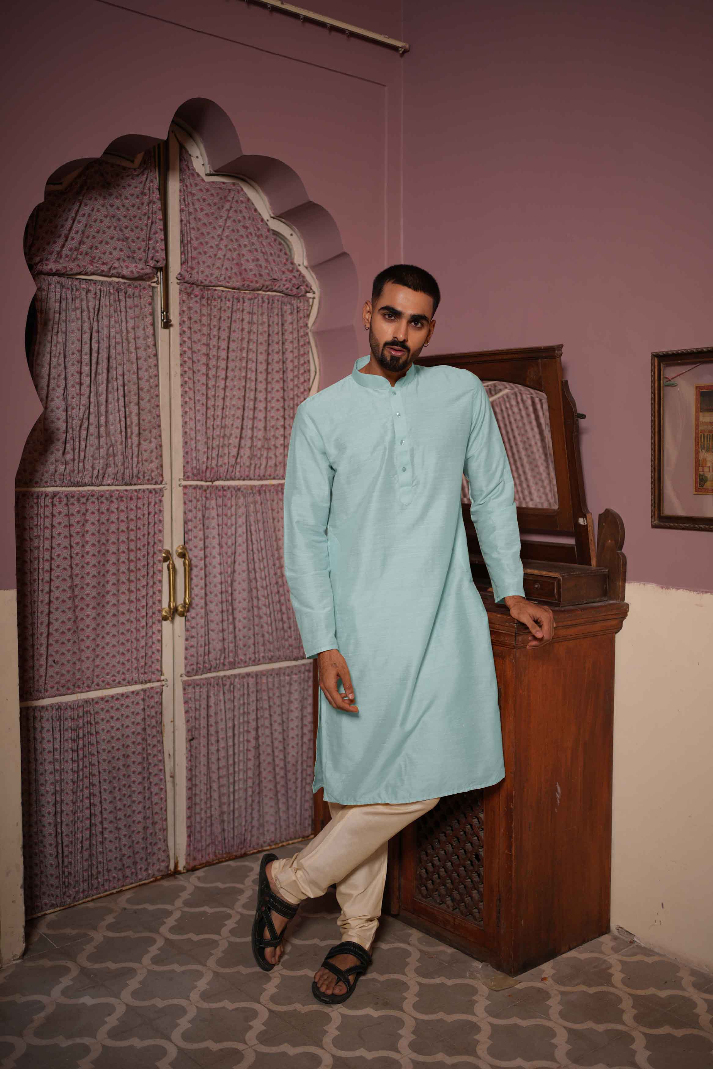 Light Blue Viscose Blended Solid Kurta