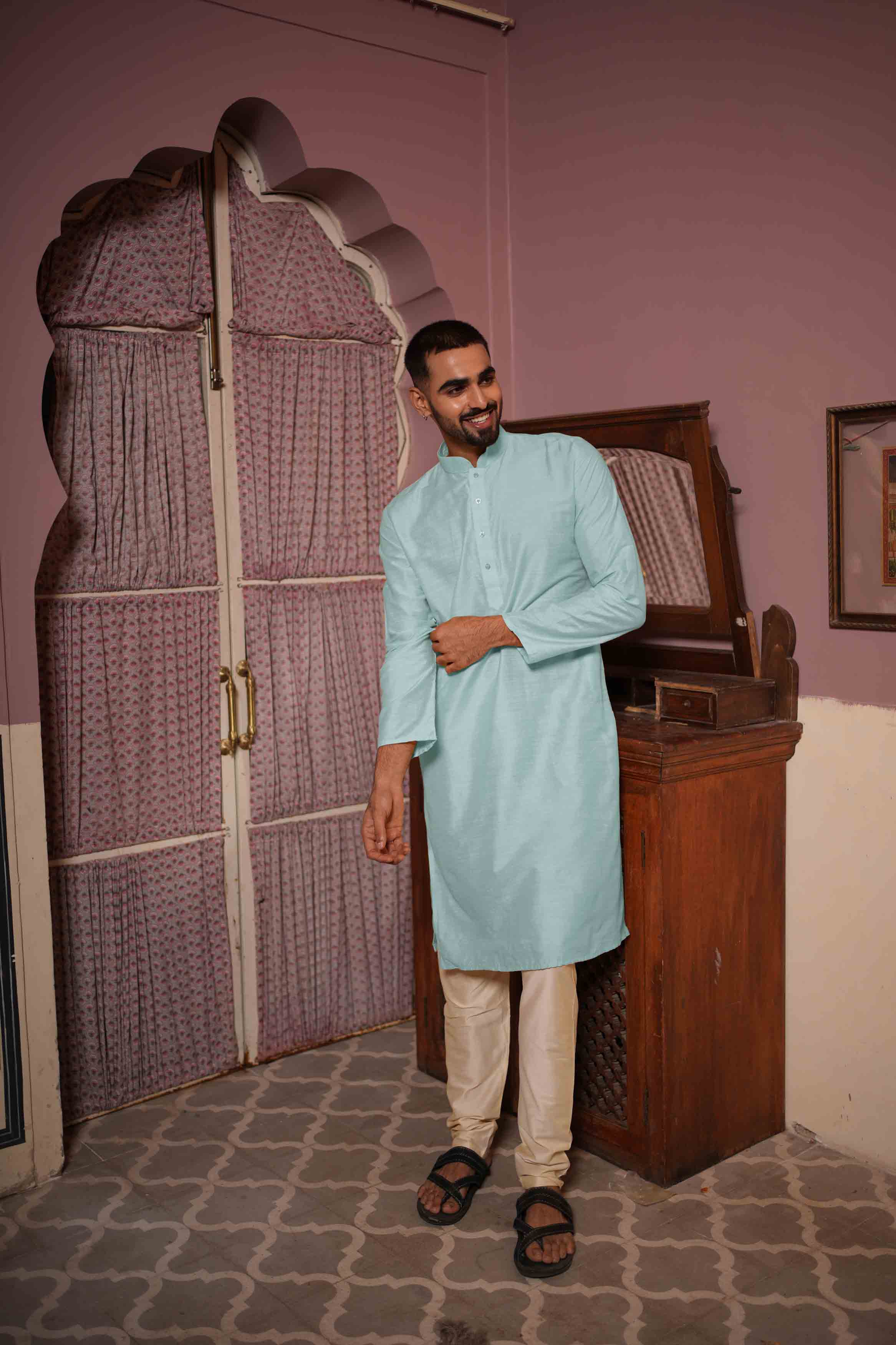 Light Blue Viscose Blended Solid Kurta