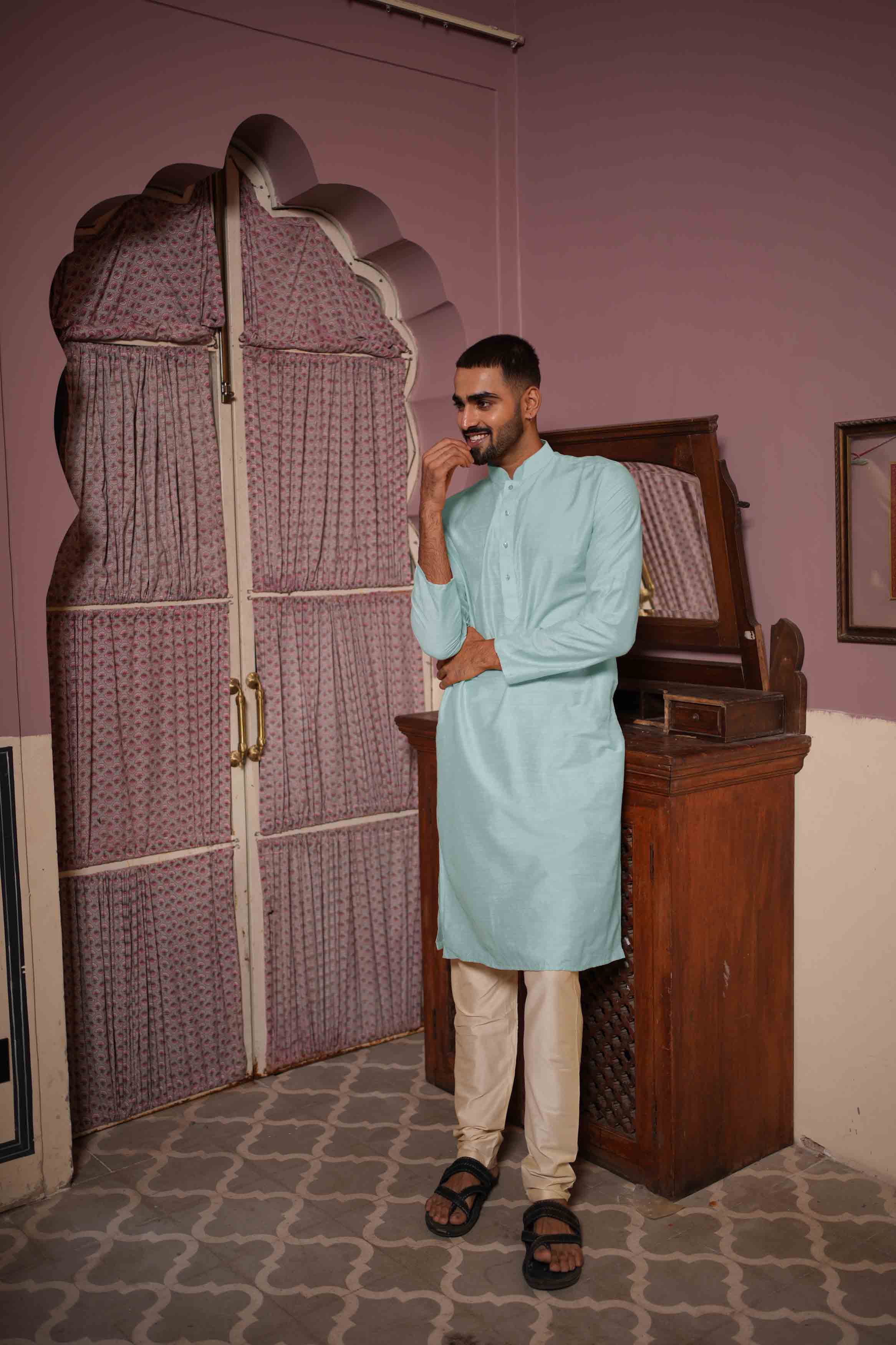 Light Blue Viscose Blended Solid Kurta