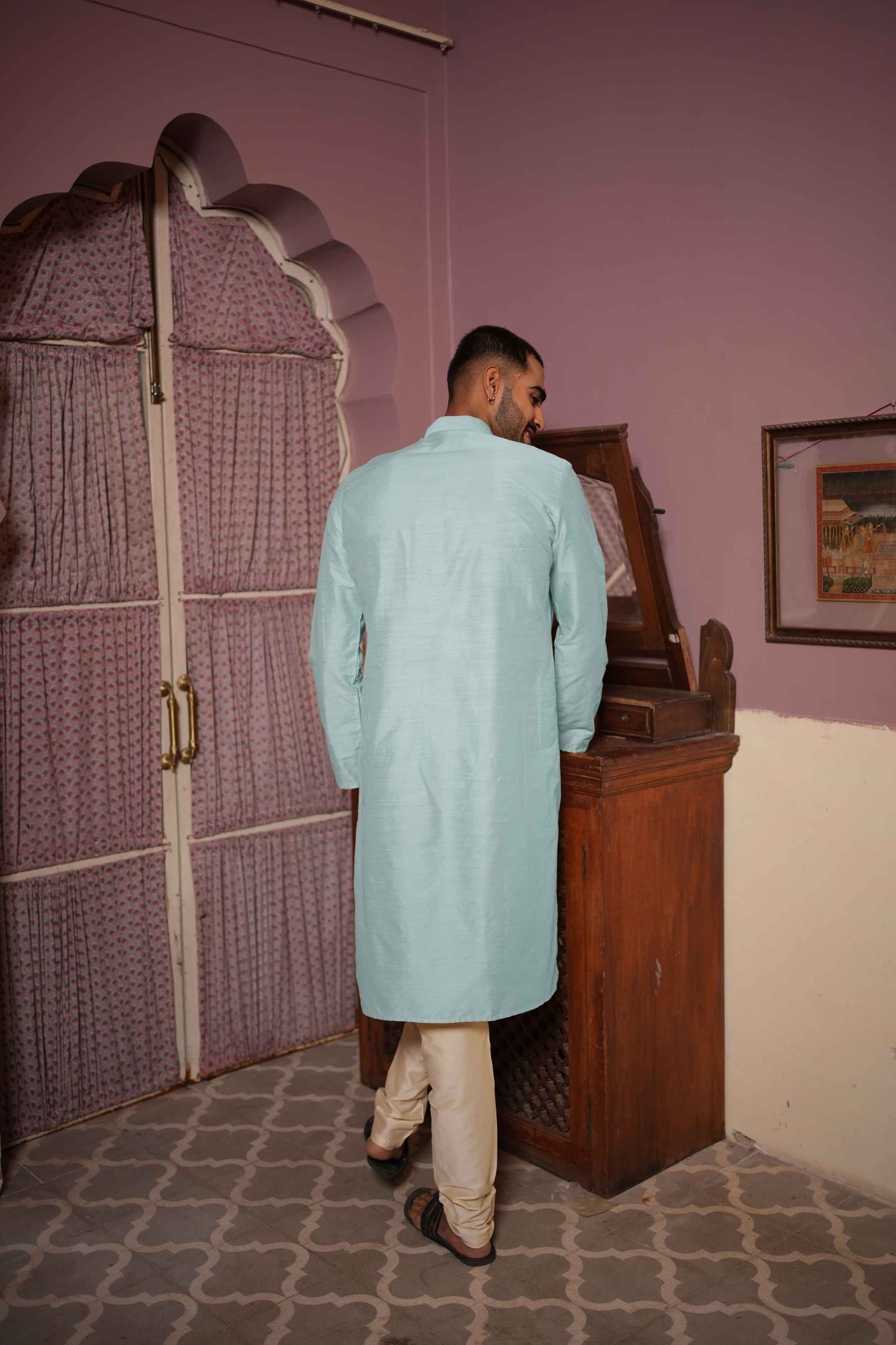 Light Blue Viscose Blended Solid Kurta