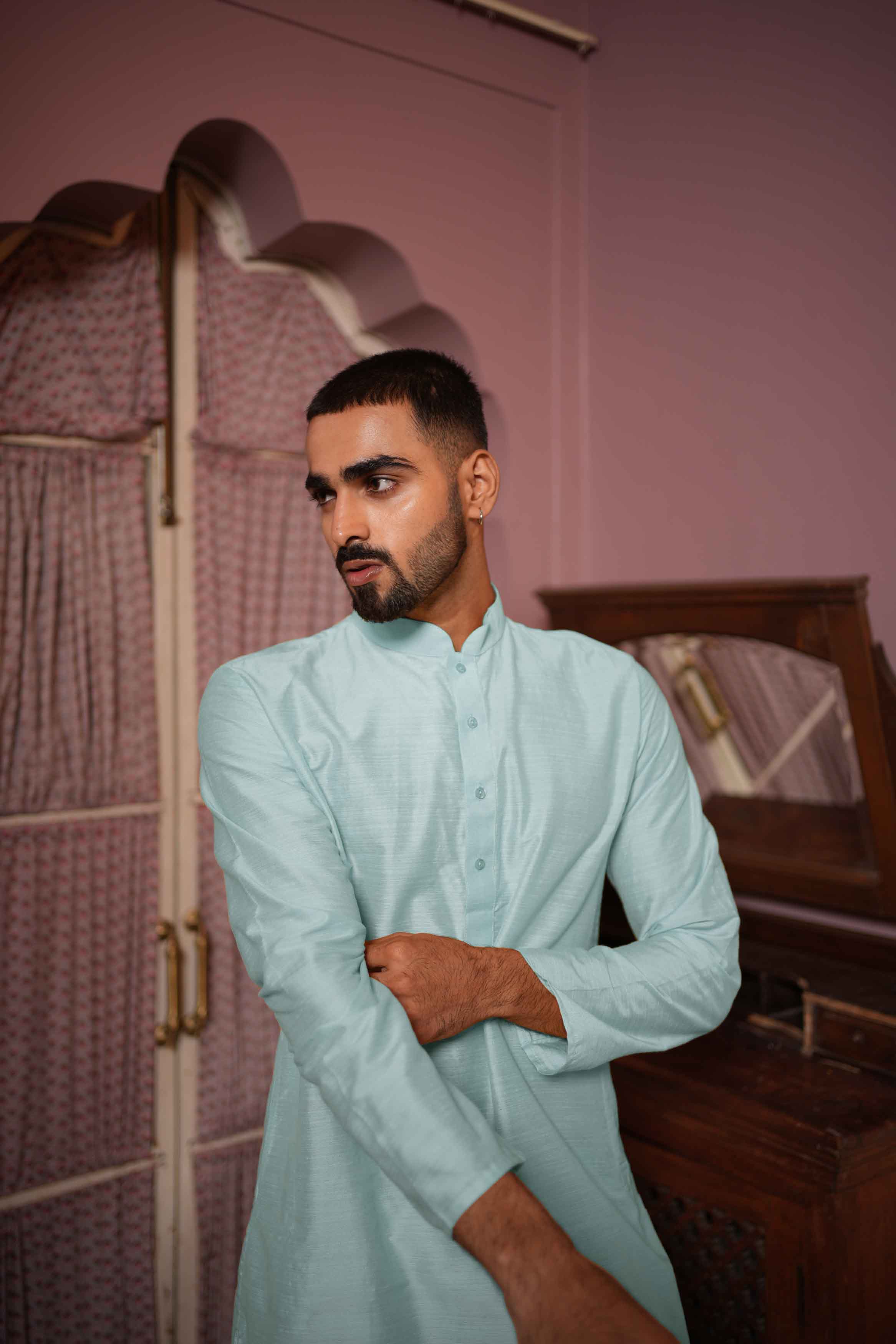 Light Blue Viscose Blended Solid Kurta