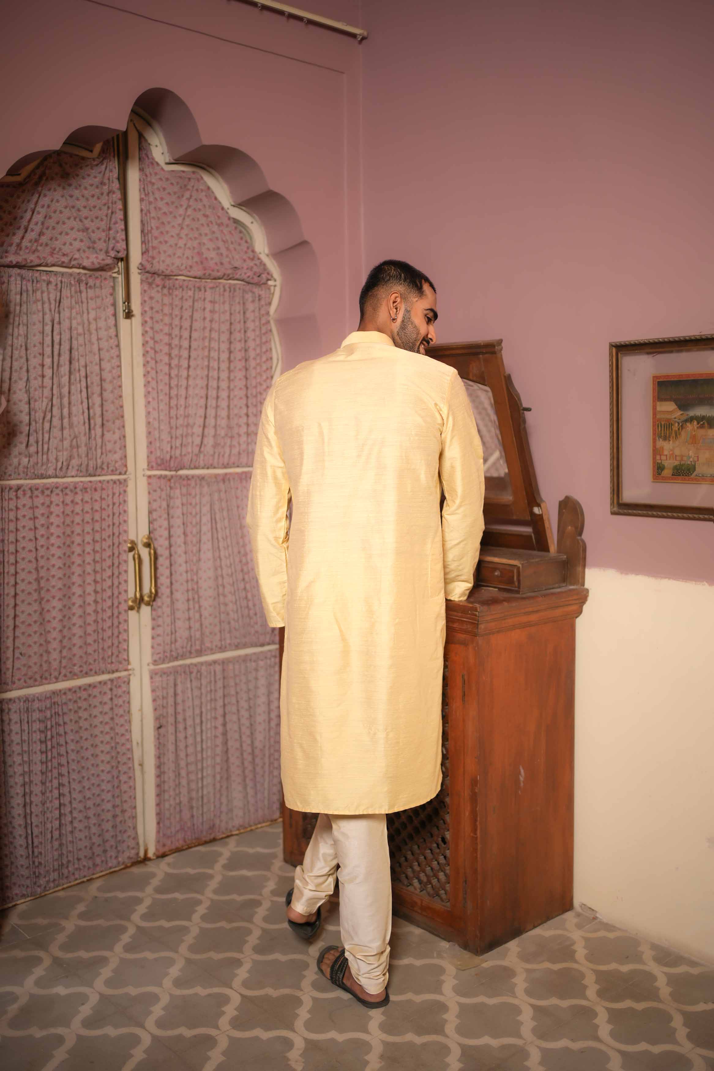 Light Yellow Viscose Blended Solid Kurta