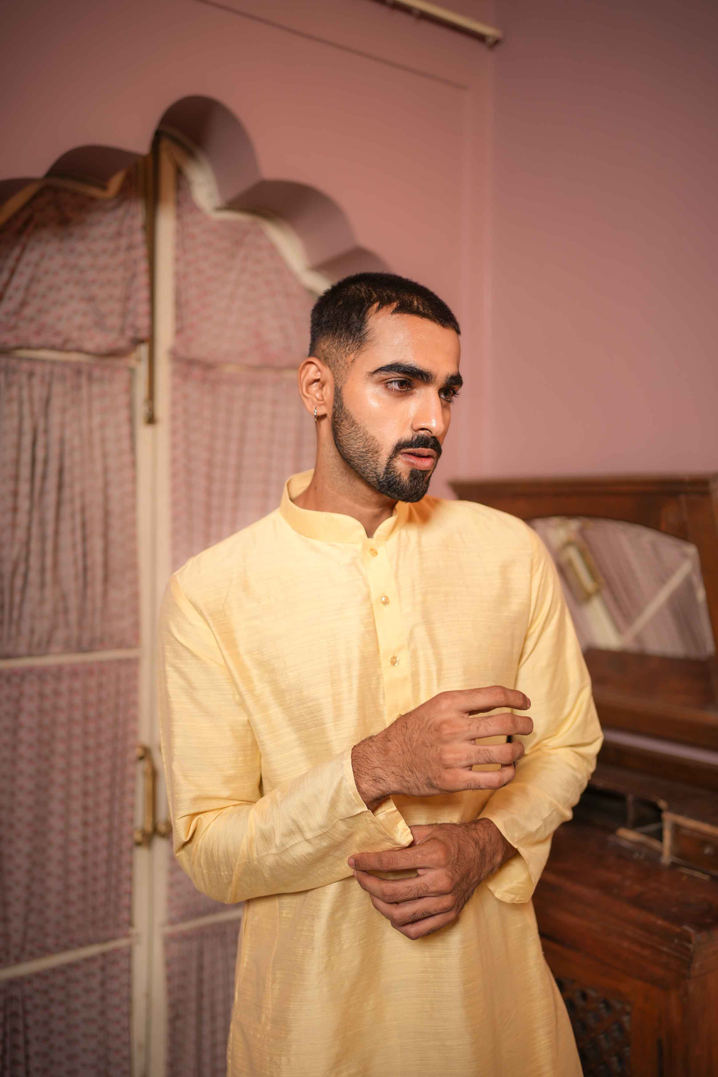 Light Yellow Viscose Blended Solid Kurta