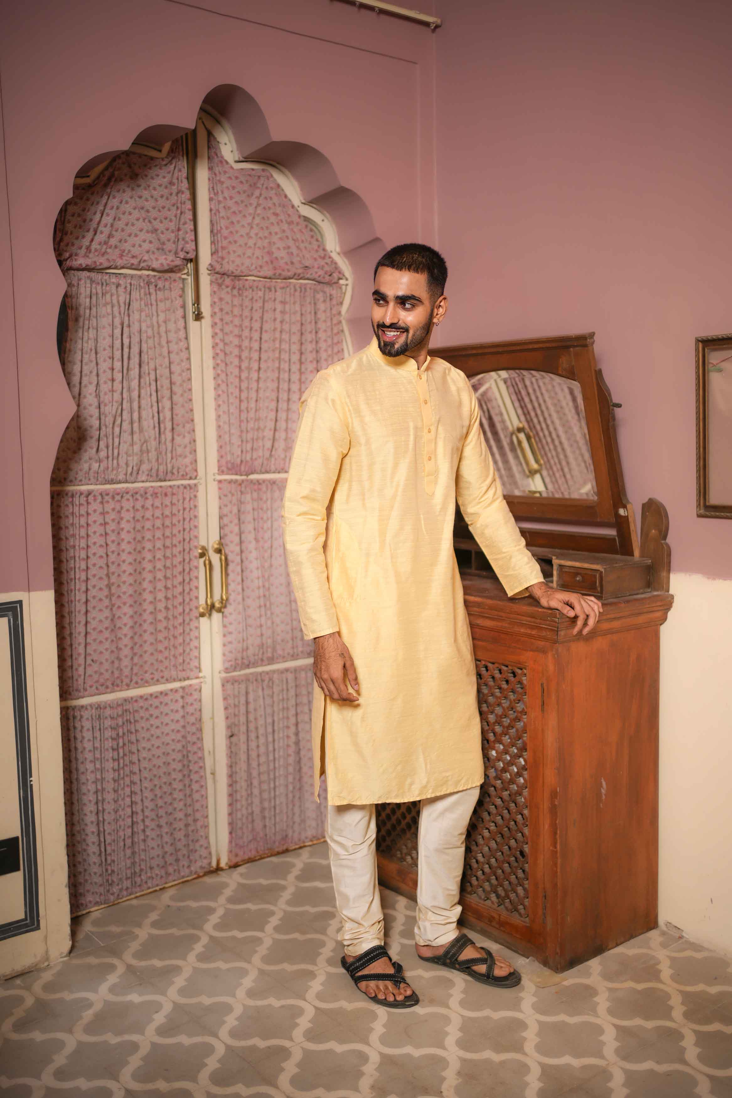 Light Yellow Viscose Blended Solid Kurta