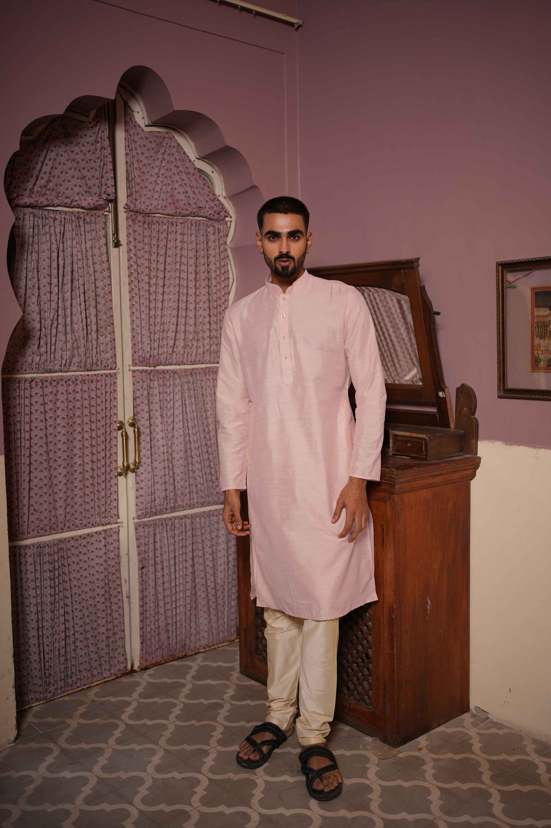 Light Pink Viscose Blended Solid Kurta