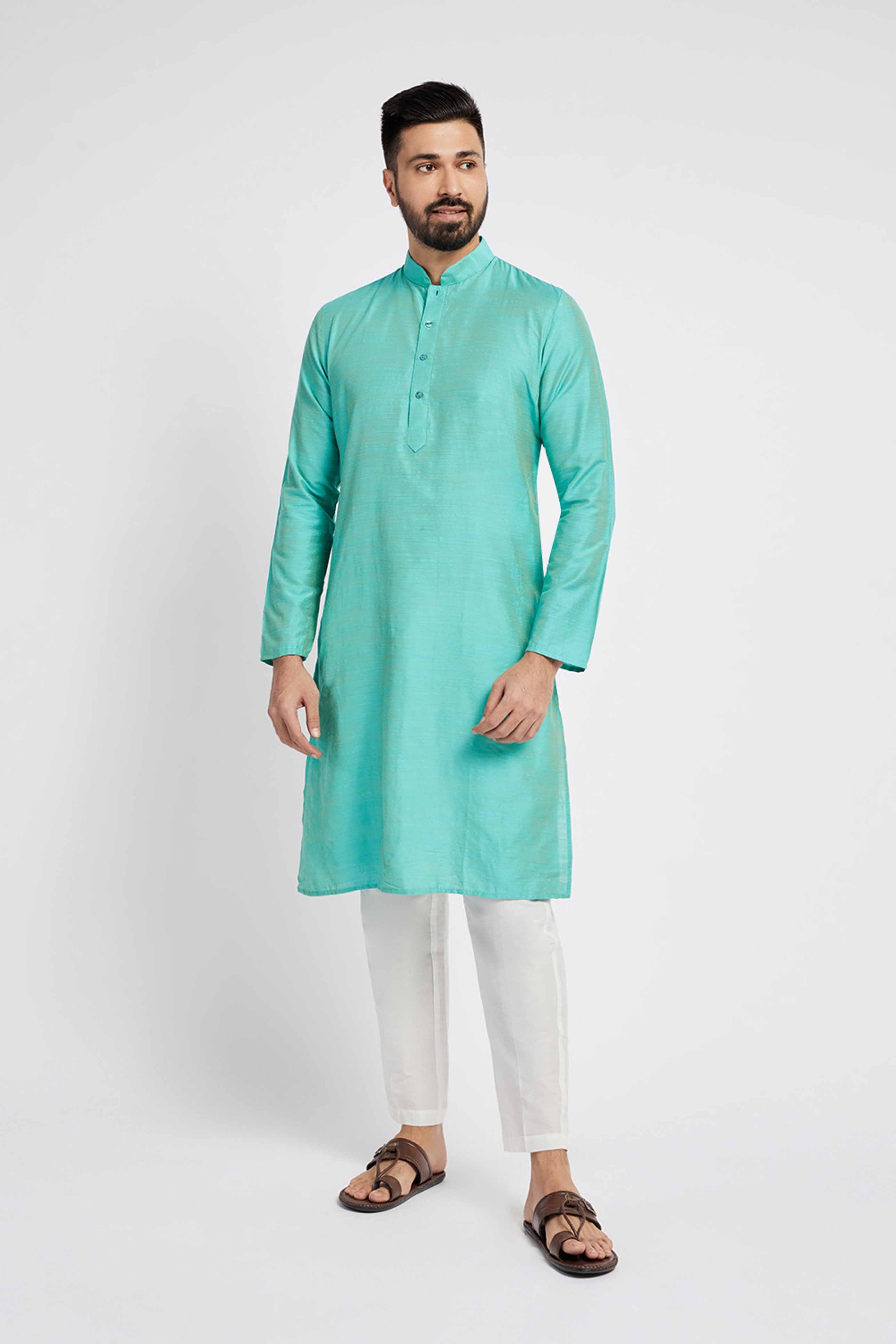 Turquoise Blue Solid Men's Ethnic Kurta