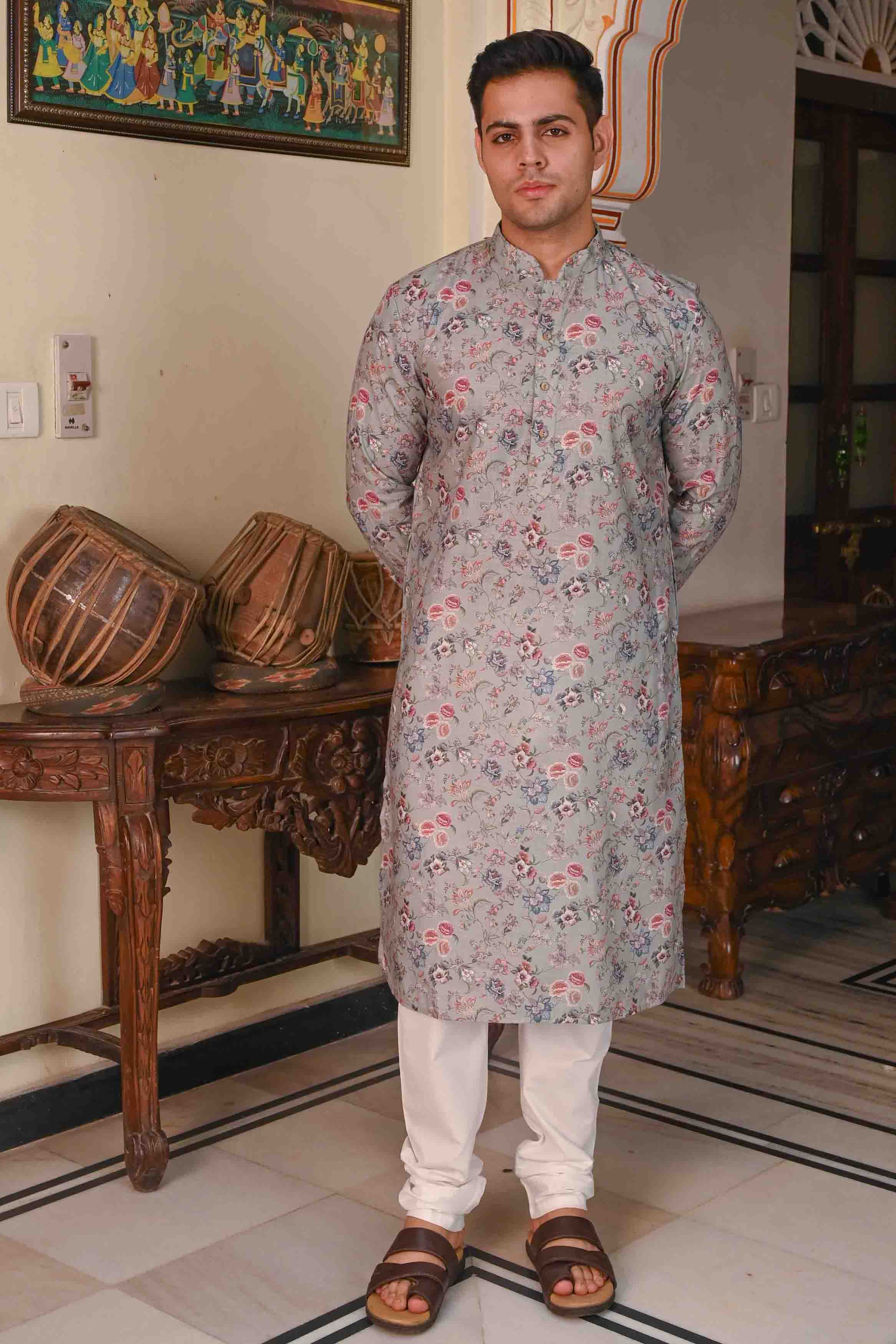 Grey Base Multicolor Floral Printed Men's Ethnic Kurta