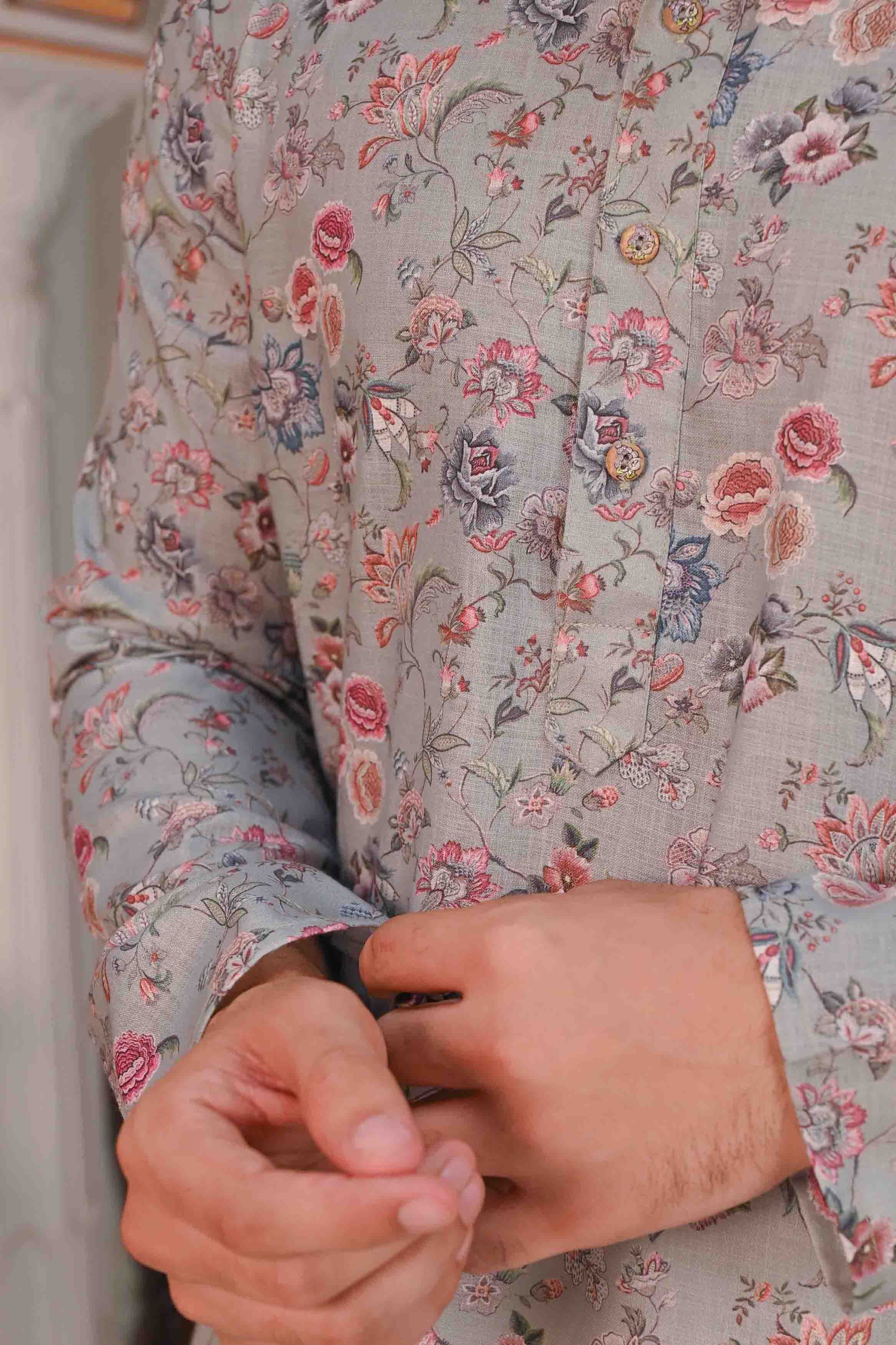 Grey Base Multicolor Floral Printed Men's Ethnic Kurta