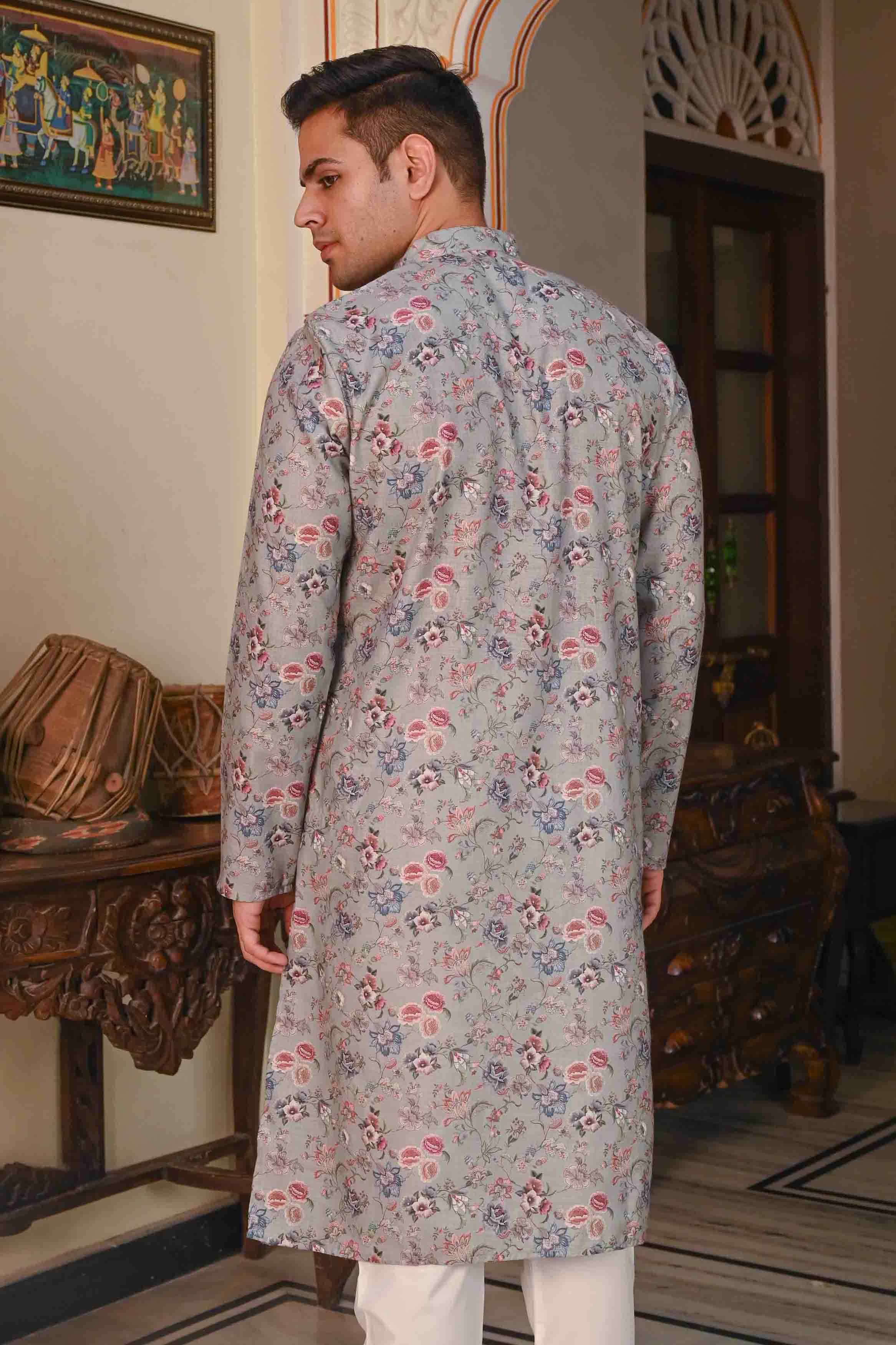 Grey Base Multicolor Floral Printed Men's Ethnic Kurta