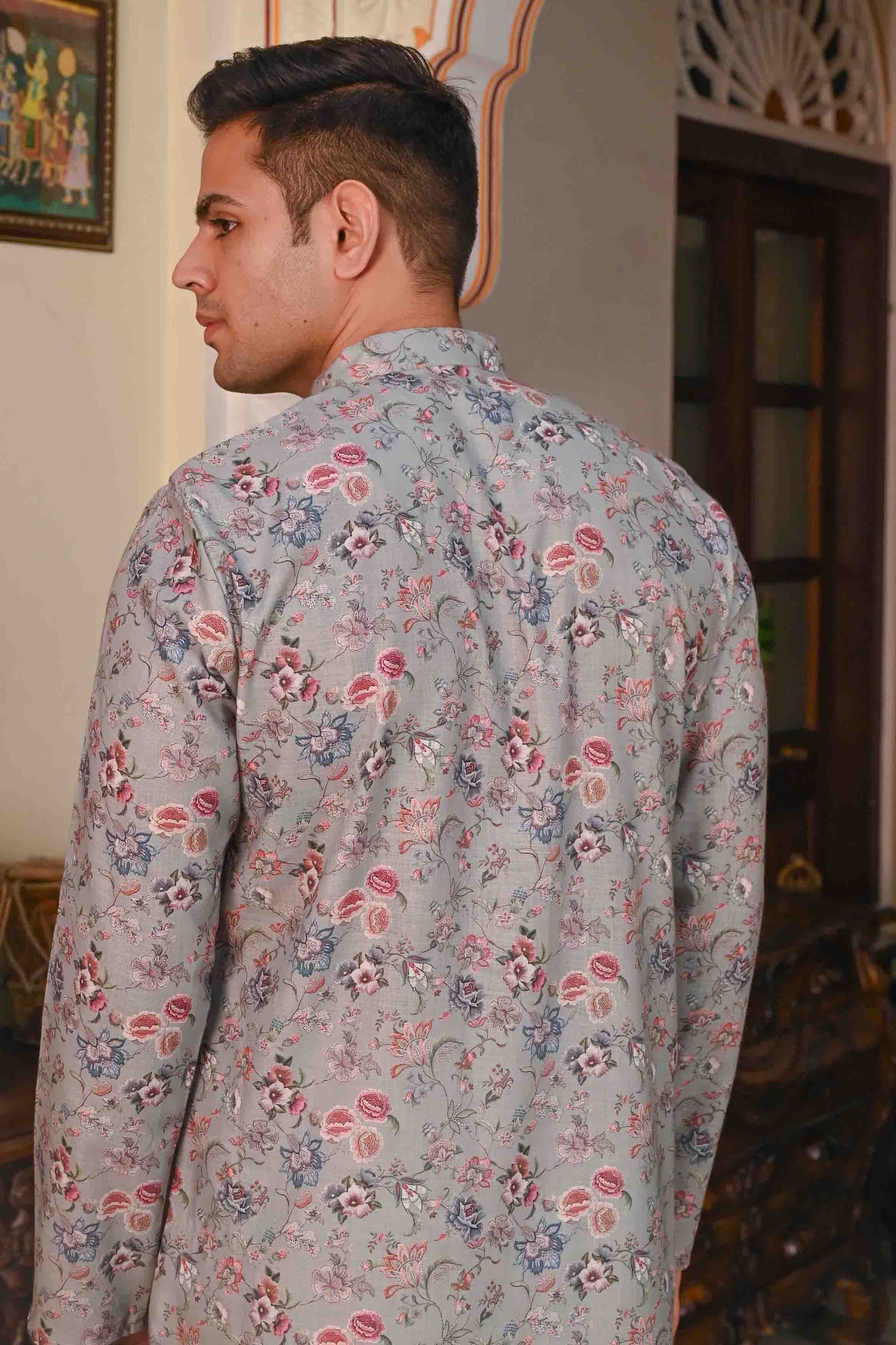 Grey Base Multicolor Floral Printed Men's Ethnic Kurta