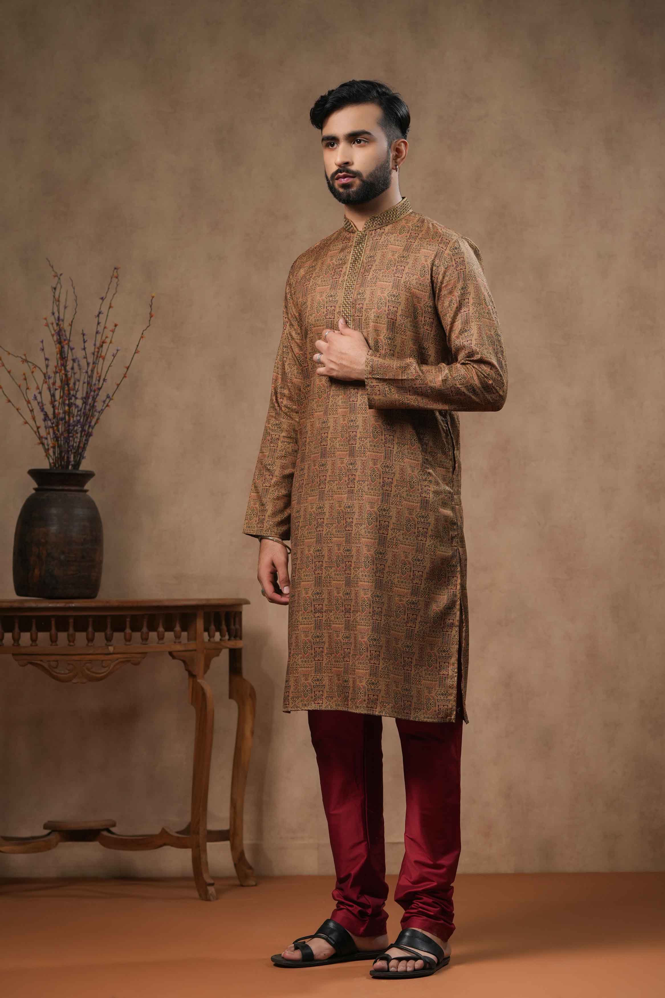 Beige Geometric Printed Kurta