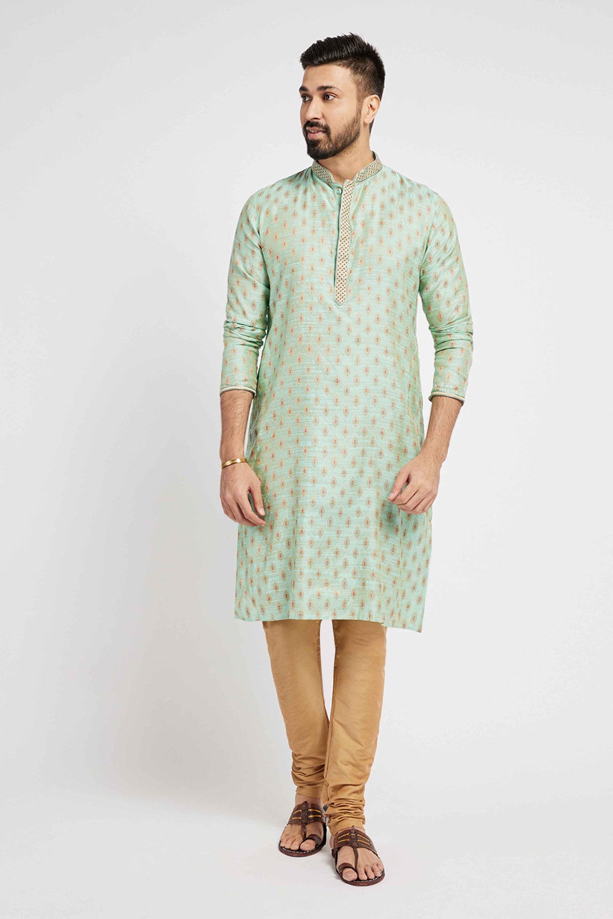 Light Blue Jacquard Weave Festive Men's Ethnic Kurta