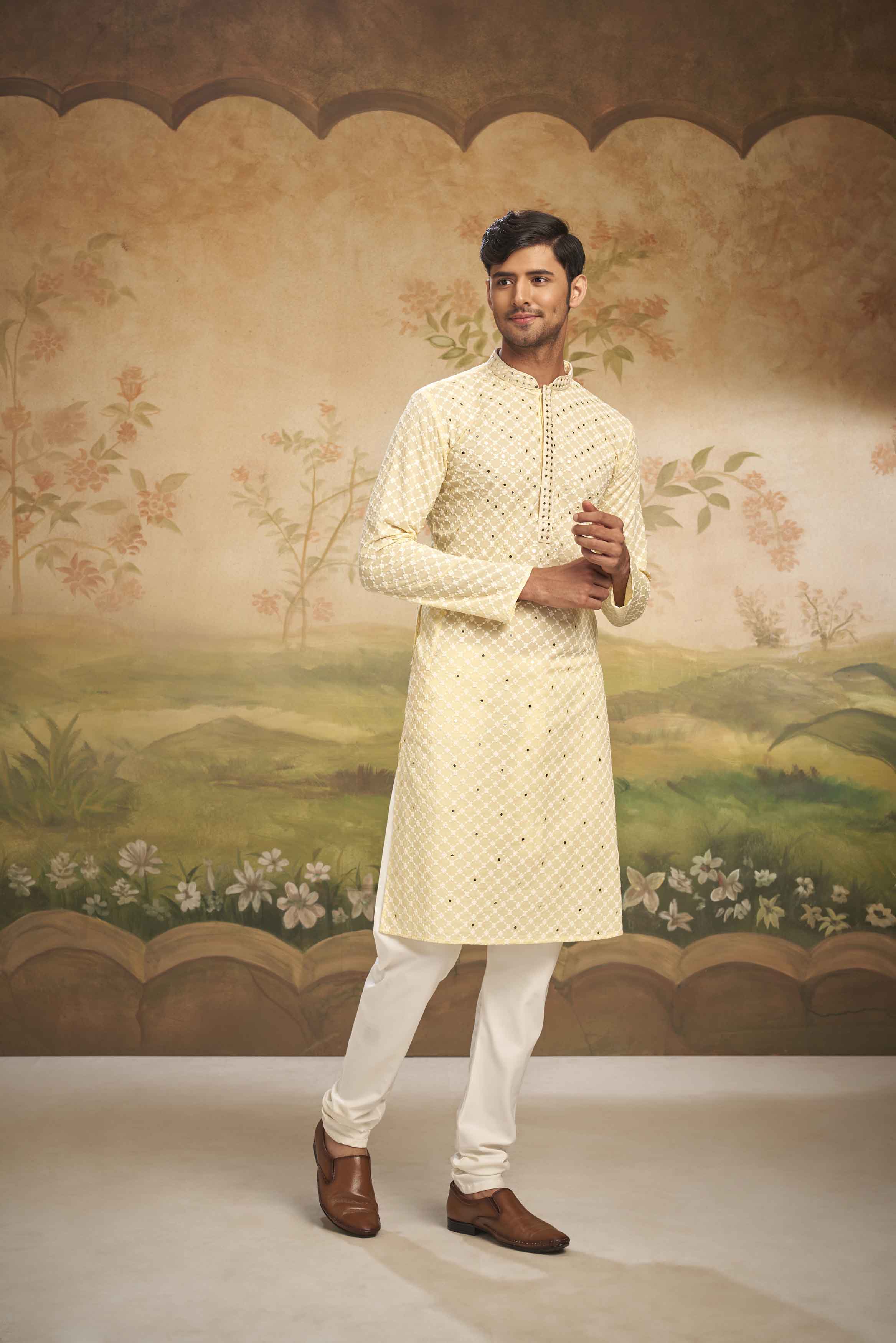 Light Yellow Chikankari kurta with Mirrorwork