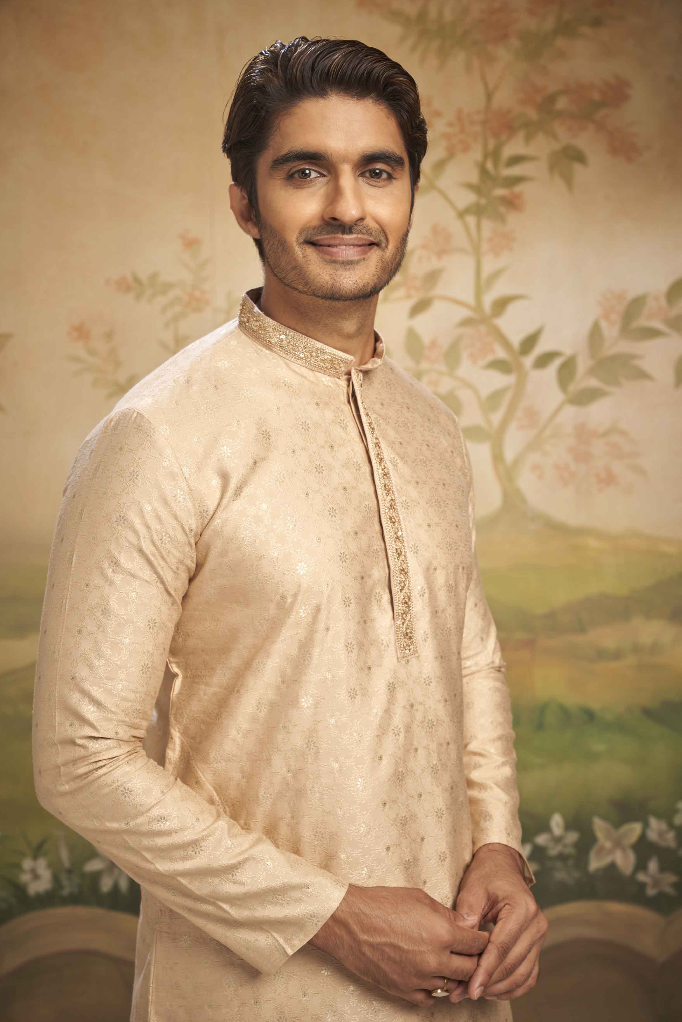 Peach Heavy Jacquard Kurta with Handwork Collar