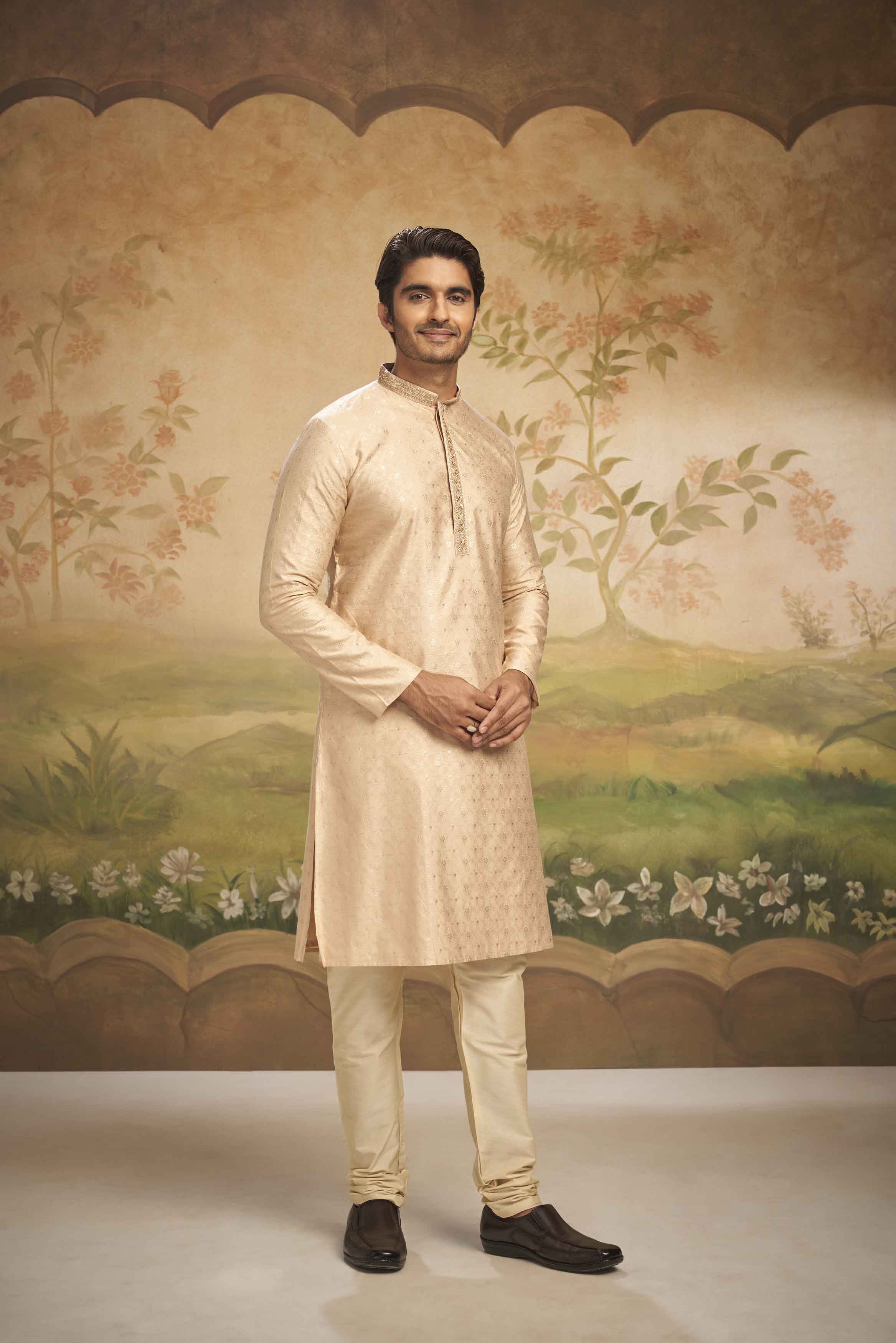 Peach Heavy Jacquard Kurta with Handwork Collar
