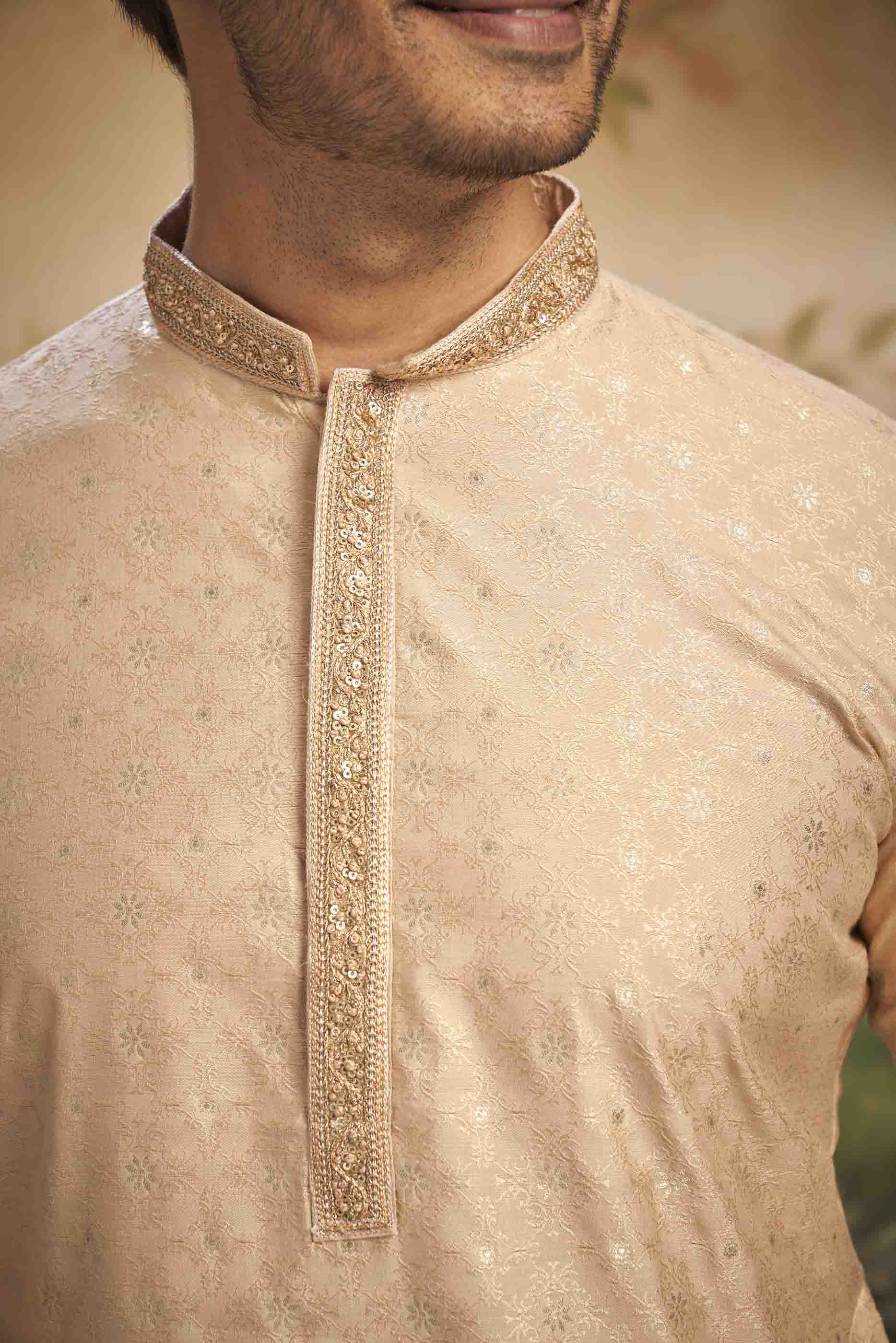 Peach Heavy Jacquard Kurta with Handwork Collar