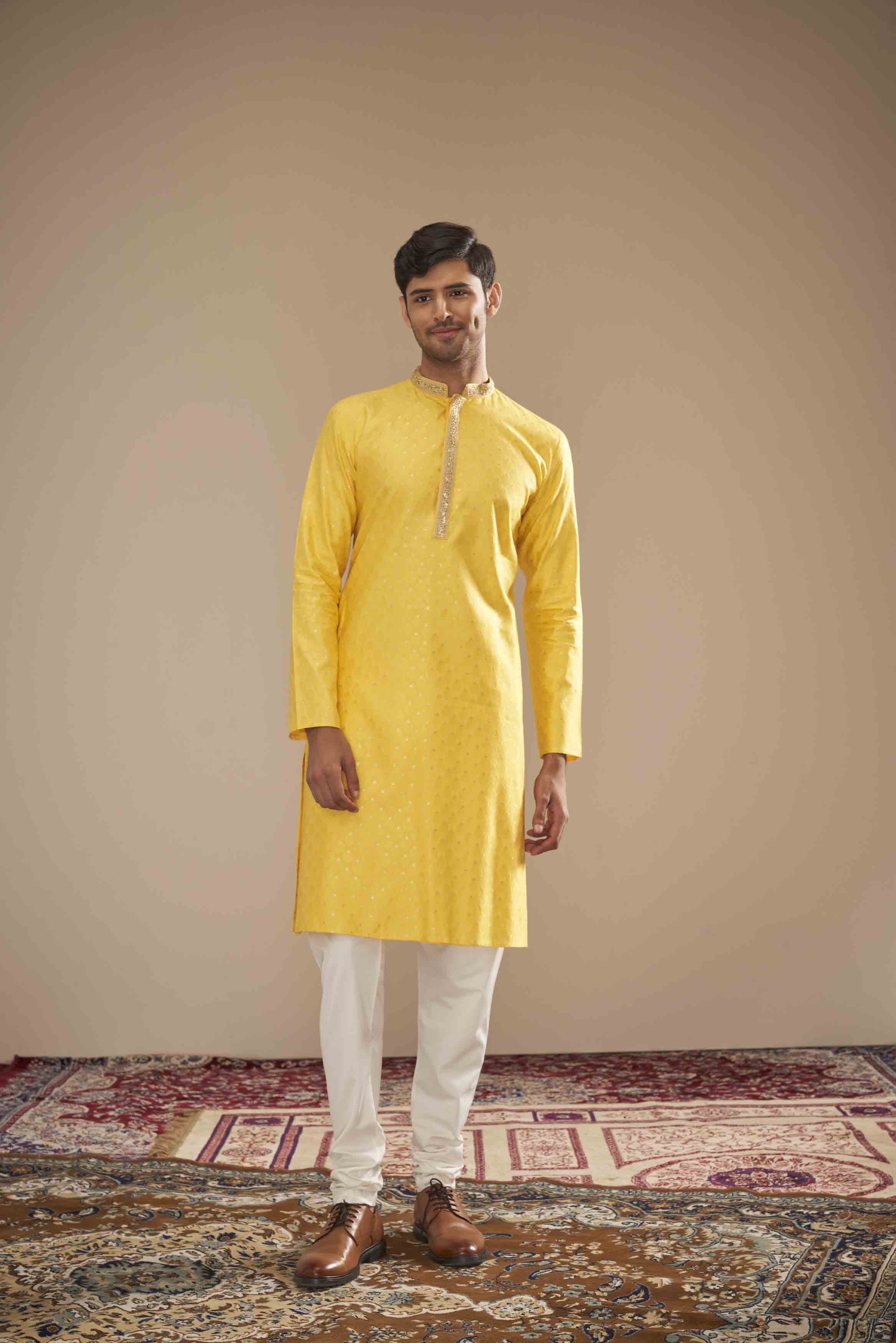 Yellow Heavy Jacquard Kurta with Handwork Collar