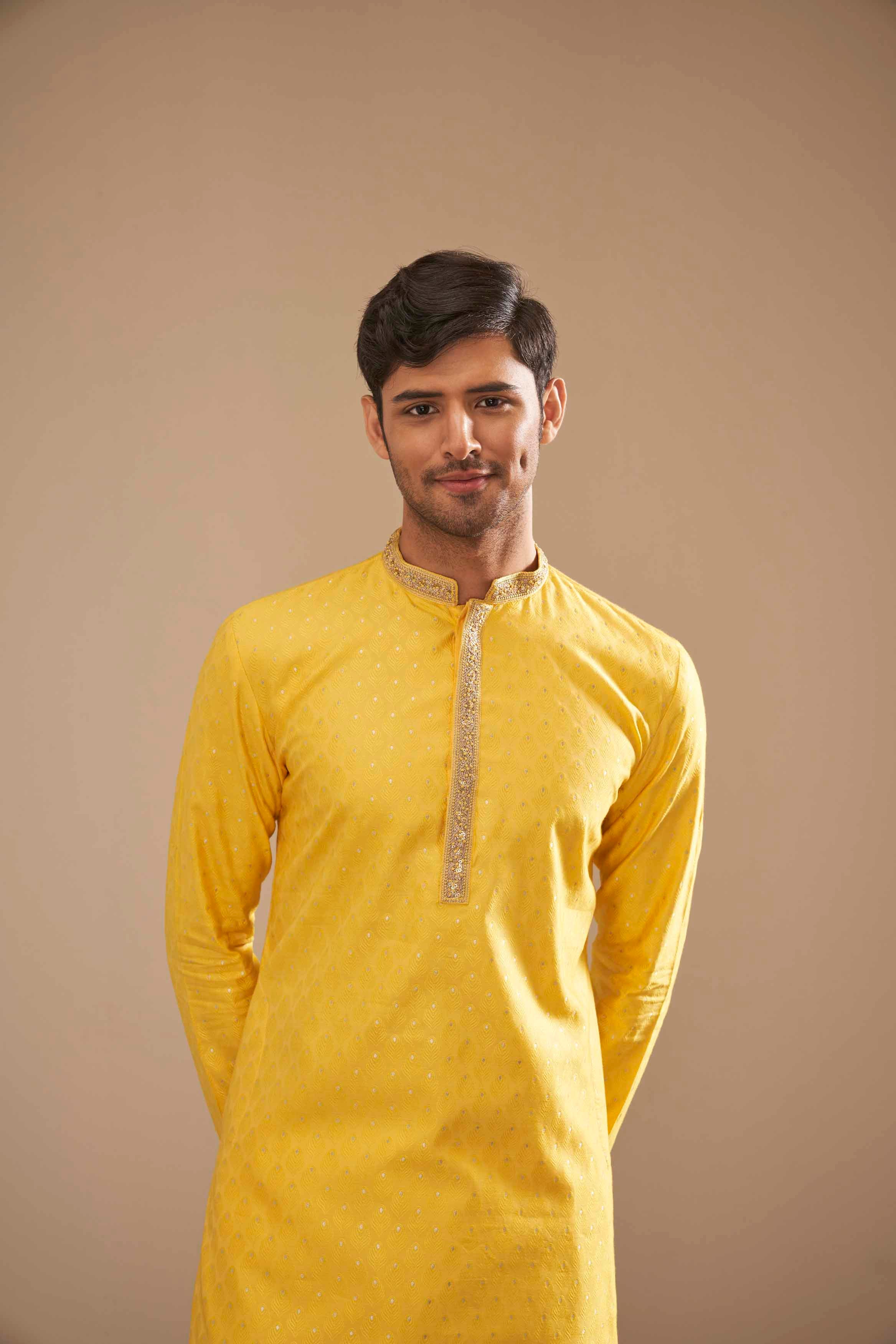 Yellow Heavy Jacquard Kurta with Handwork Collar
