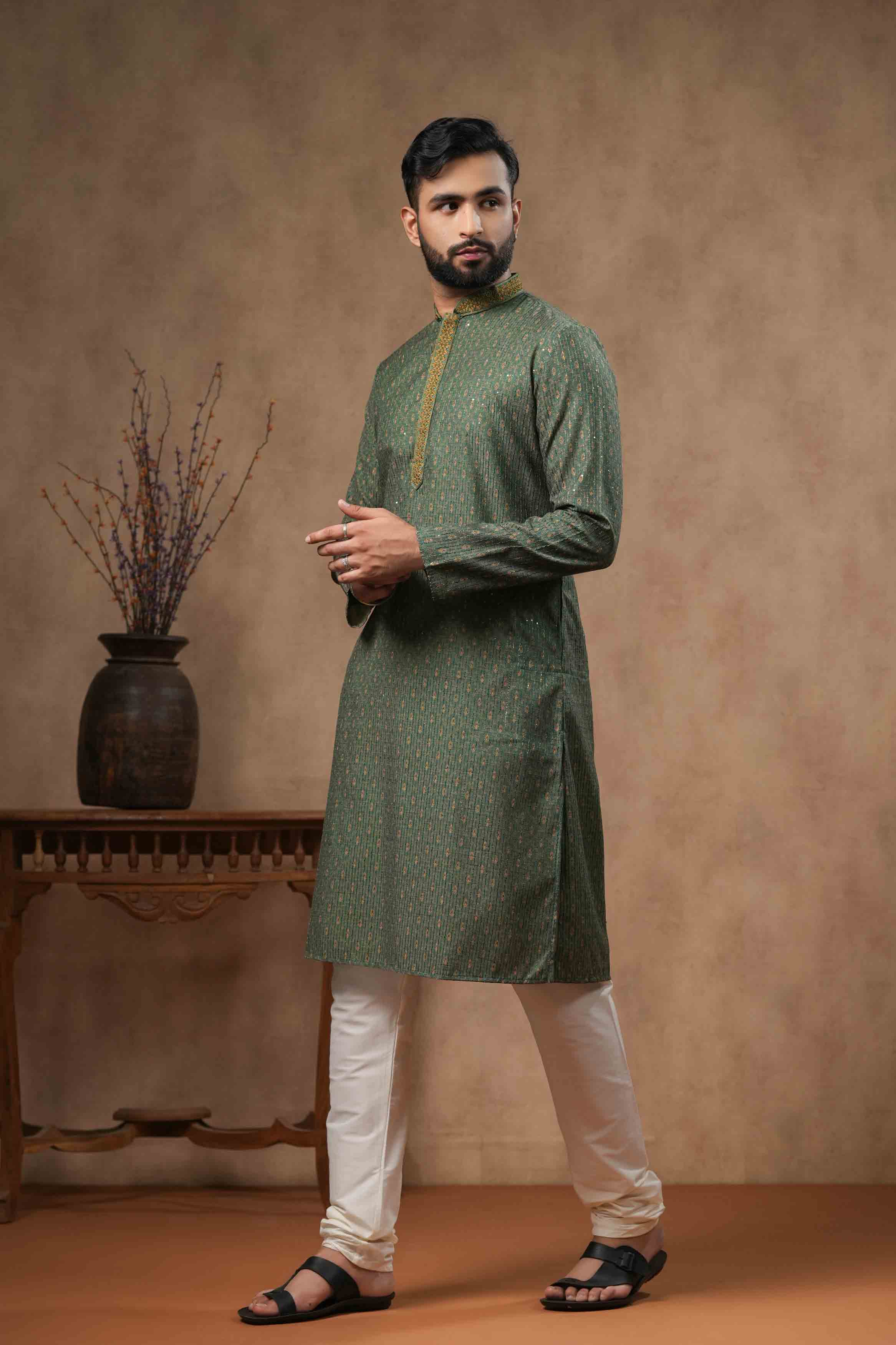 Green Traditional Printed Kurta with Sequence