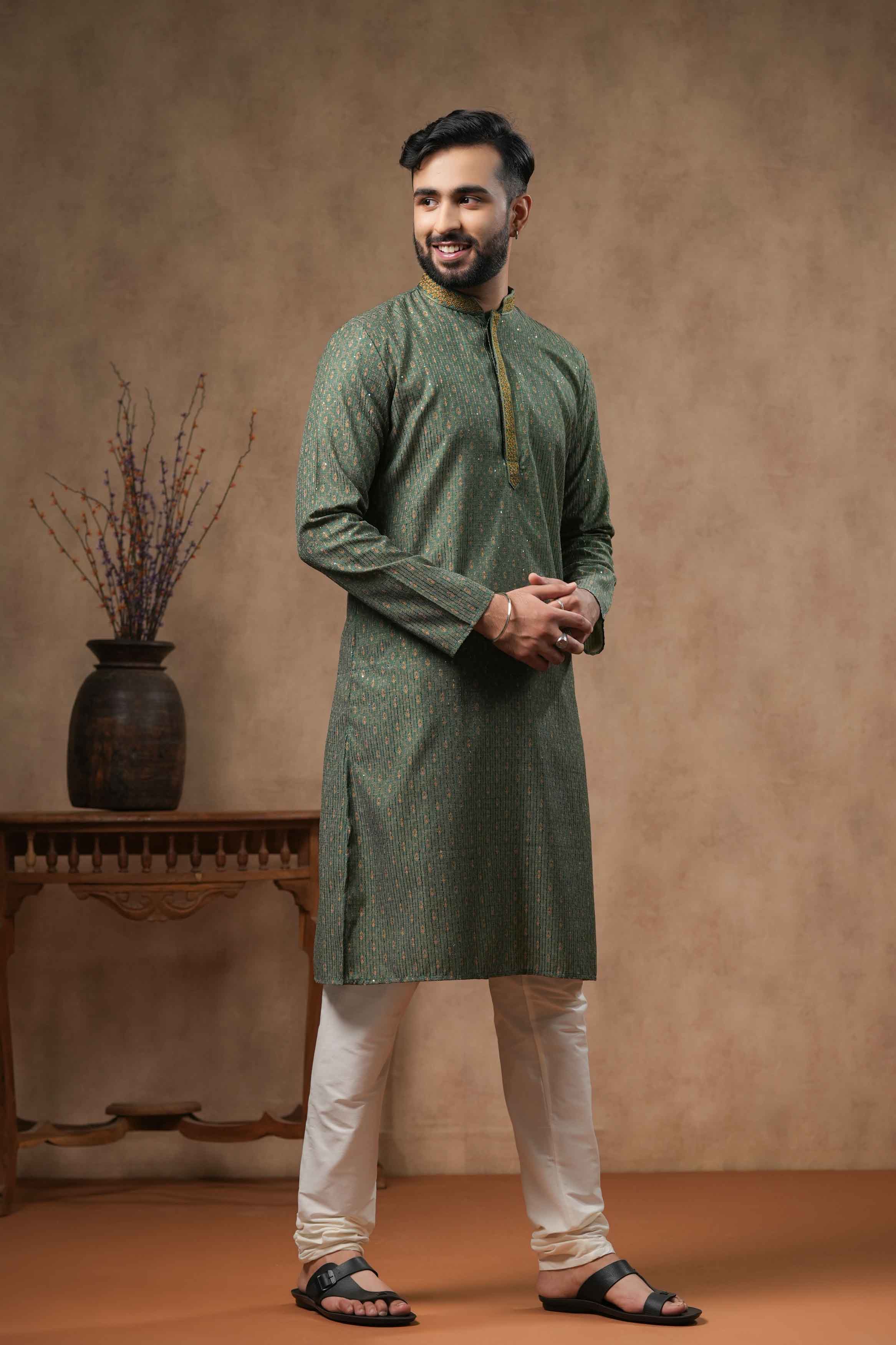 Green Traditional Printed Kurta with Sequence