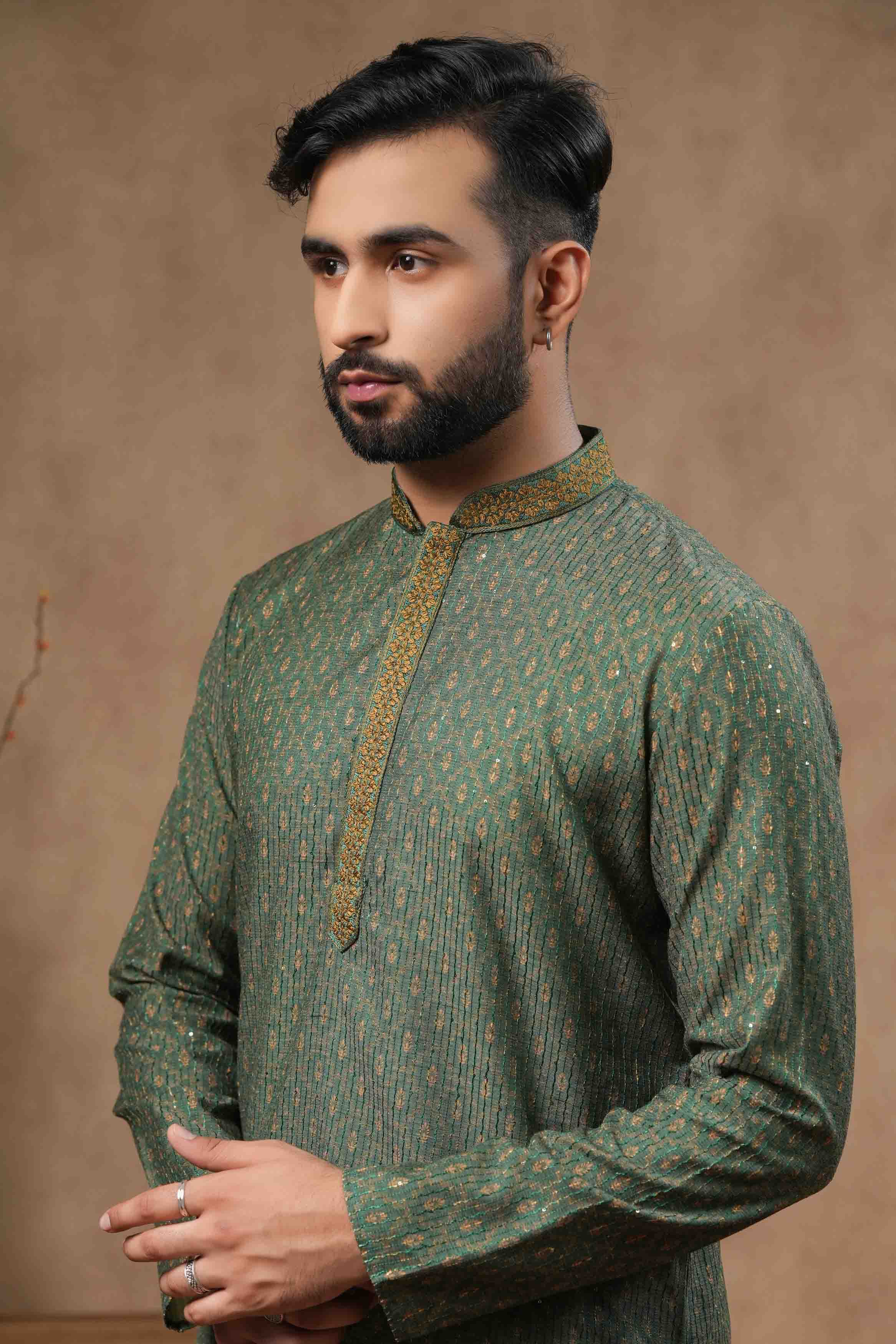 Green Traditional Printed Kurta with Sequence