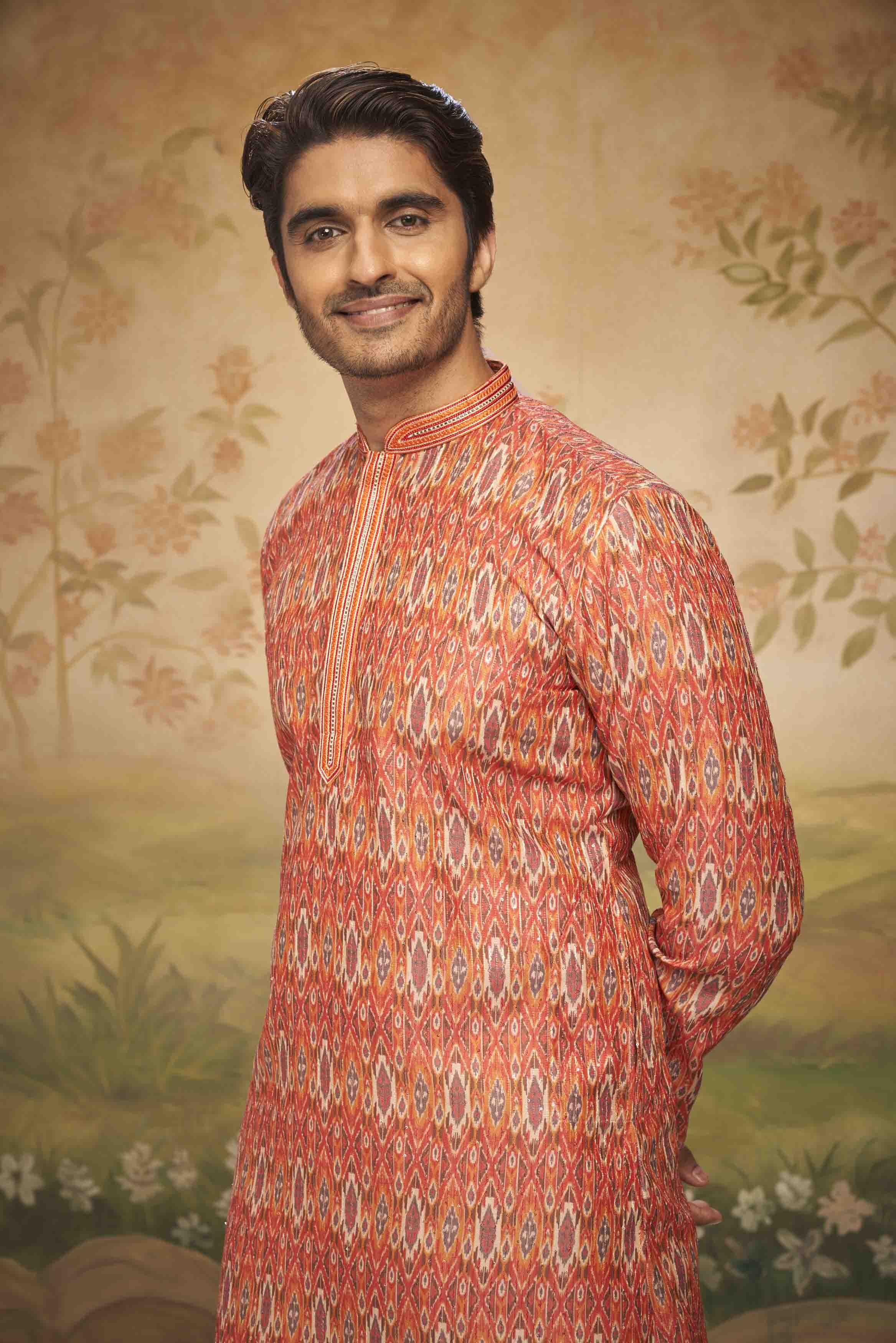 Red Abstract Printed Kurta with Sequence