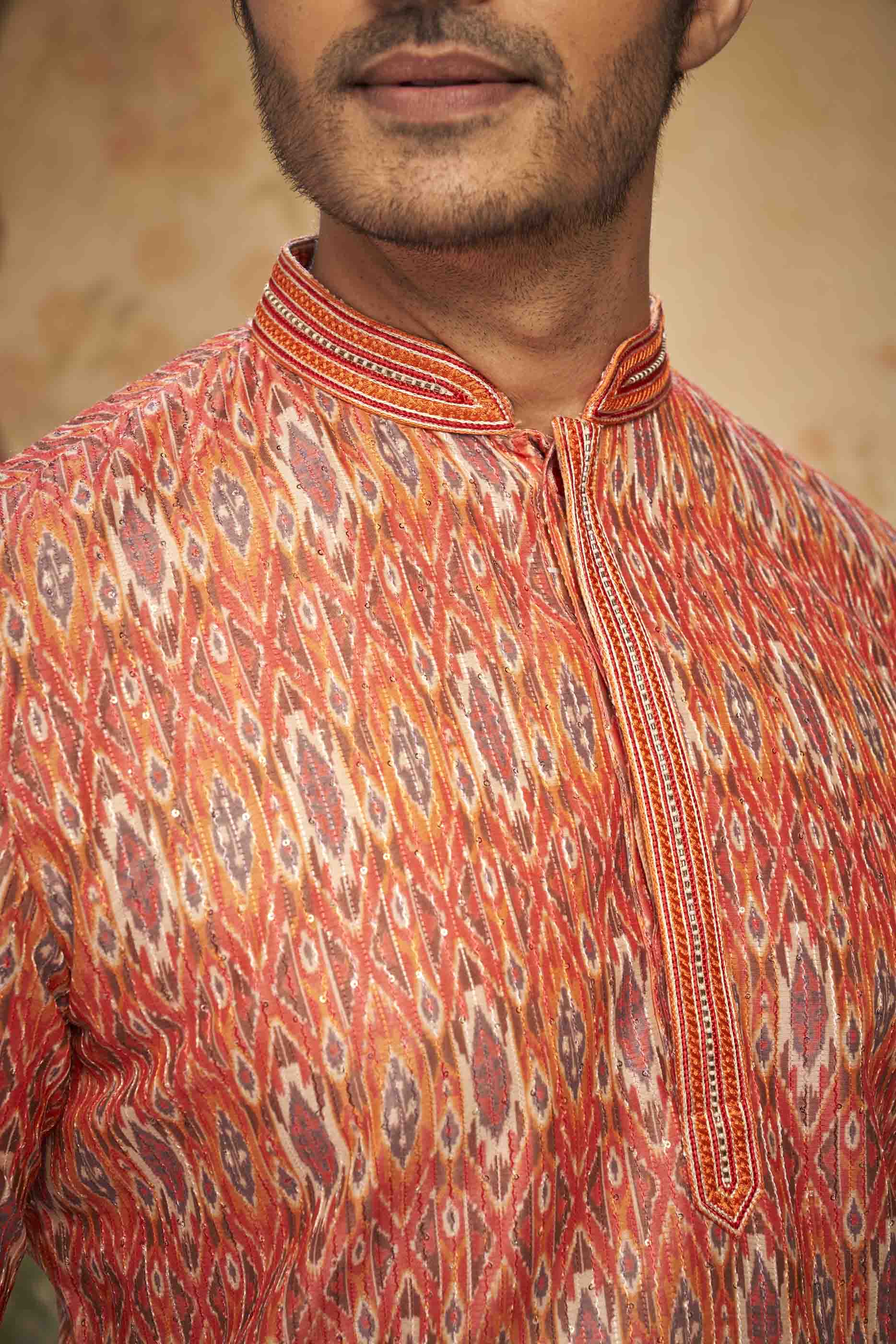 Red Abstract Printed Kurta with Sequence