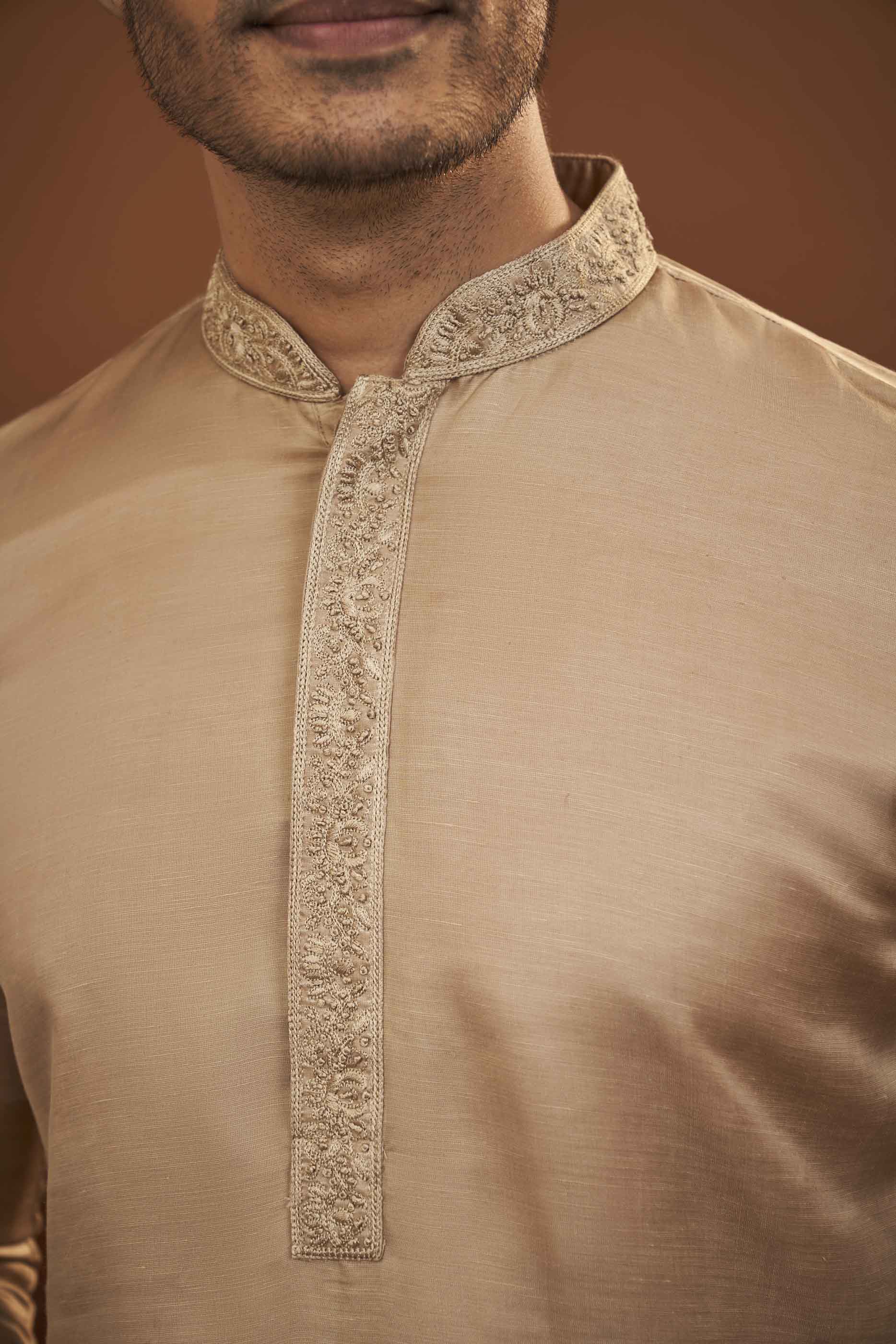 Brown Satin Kurta with Hand Embroidered Collar