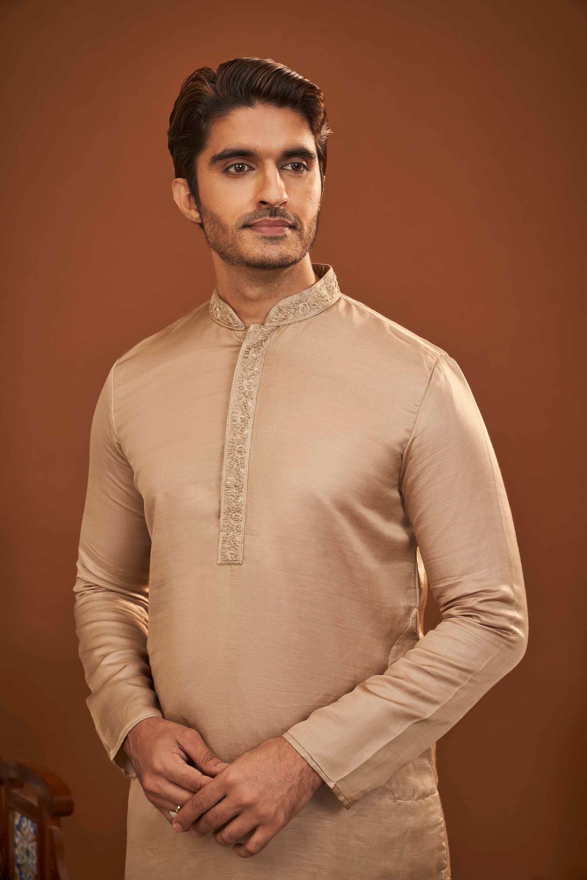 Brown Satin Kurta with Hand Embroidered Collar
