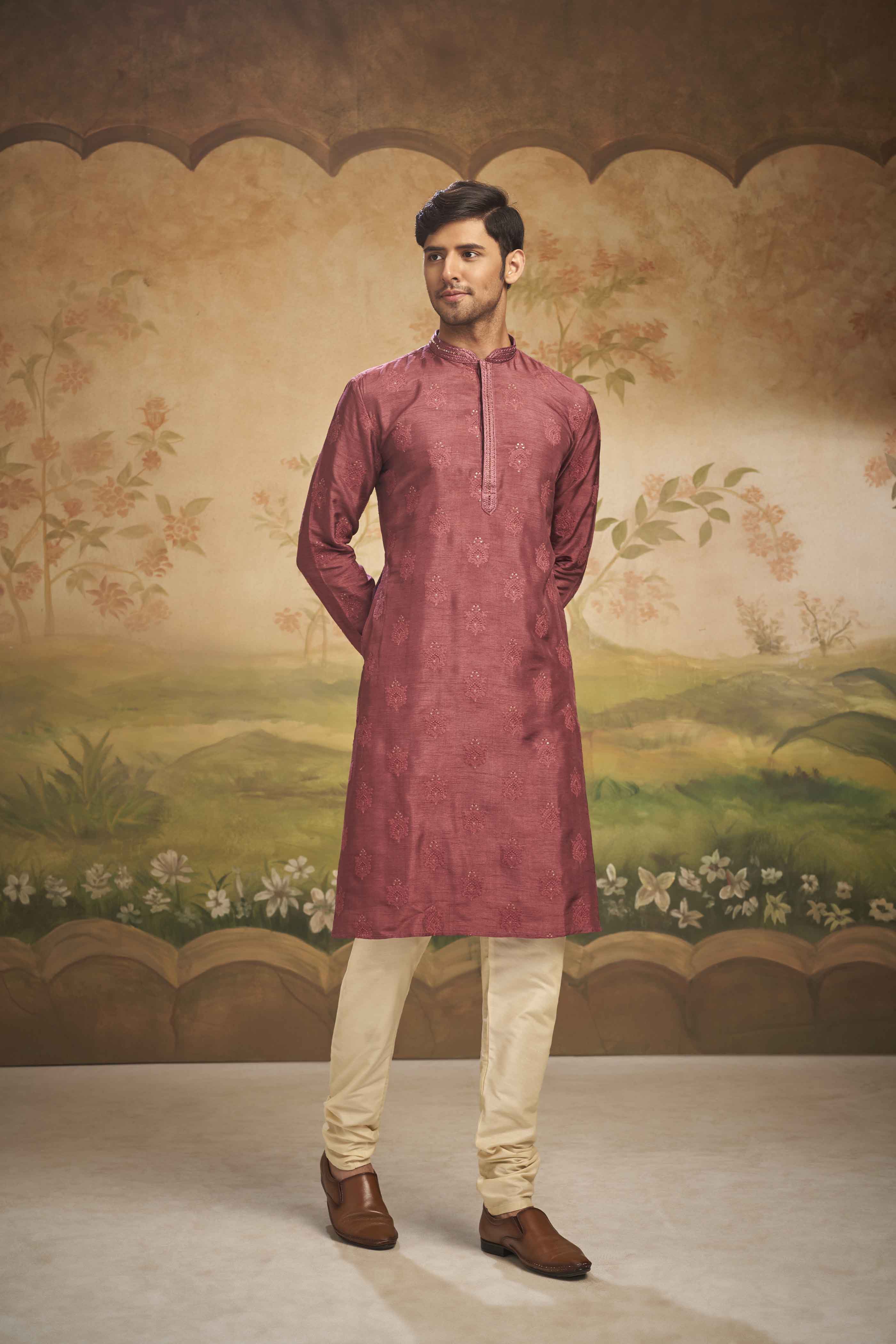 Wine Motif Embroidered Kurta