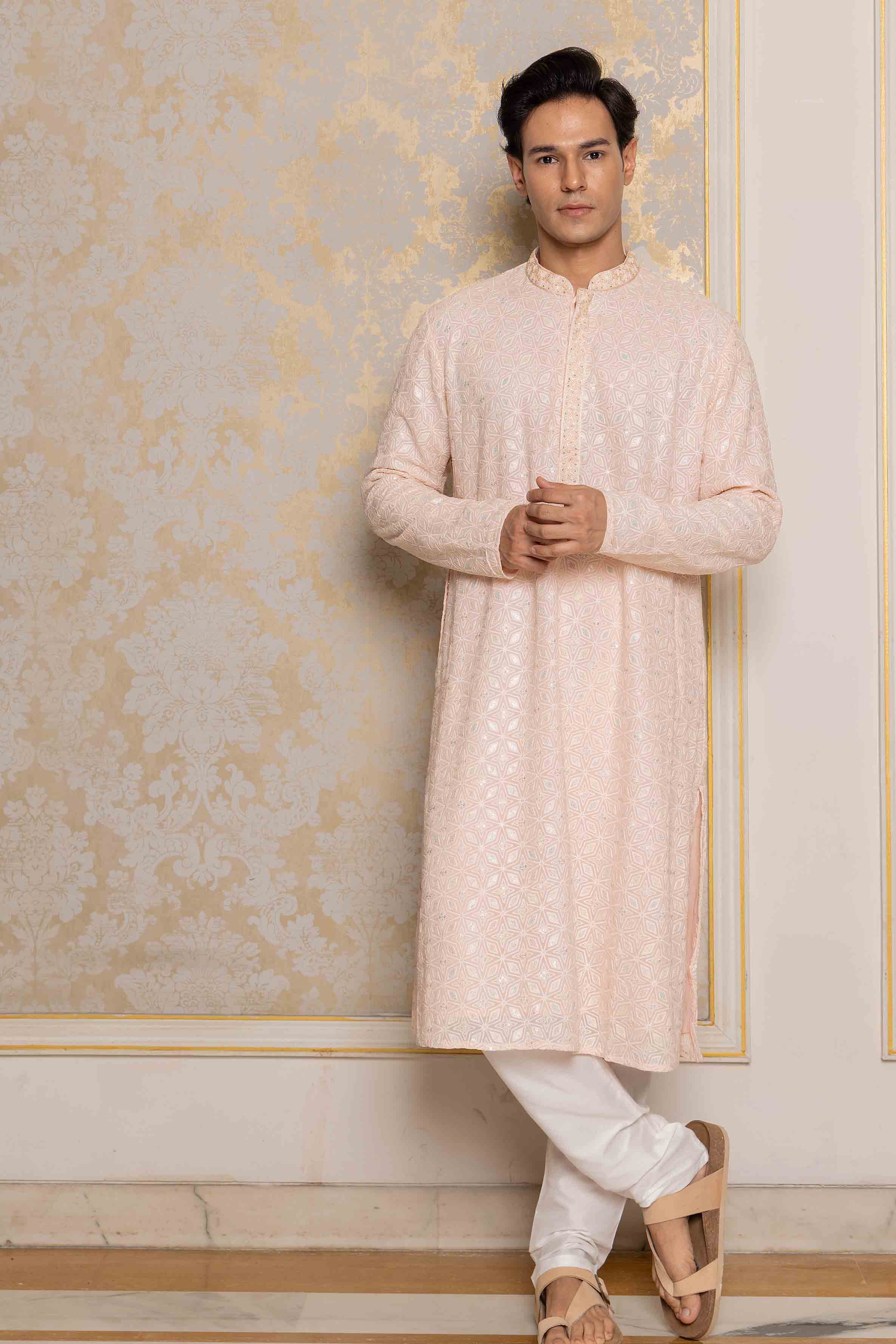 Light Pink Viscose Kurta with Floral Handwork