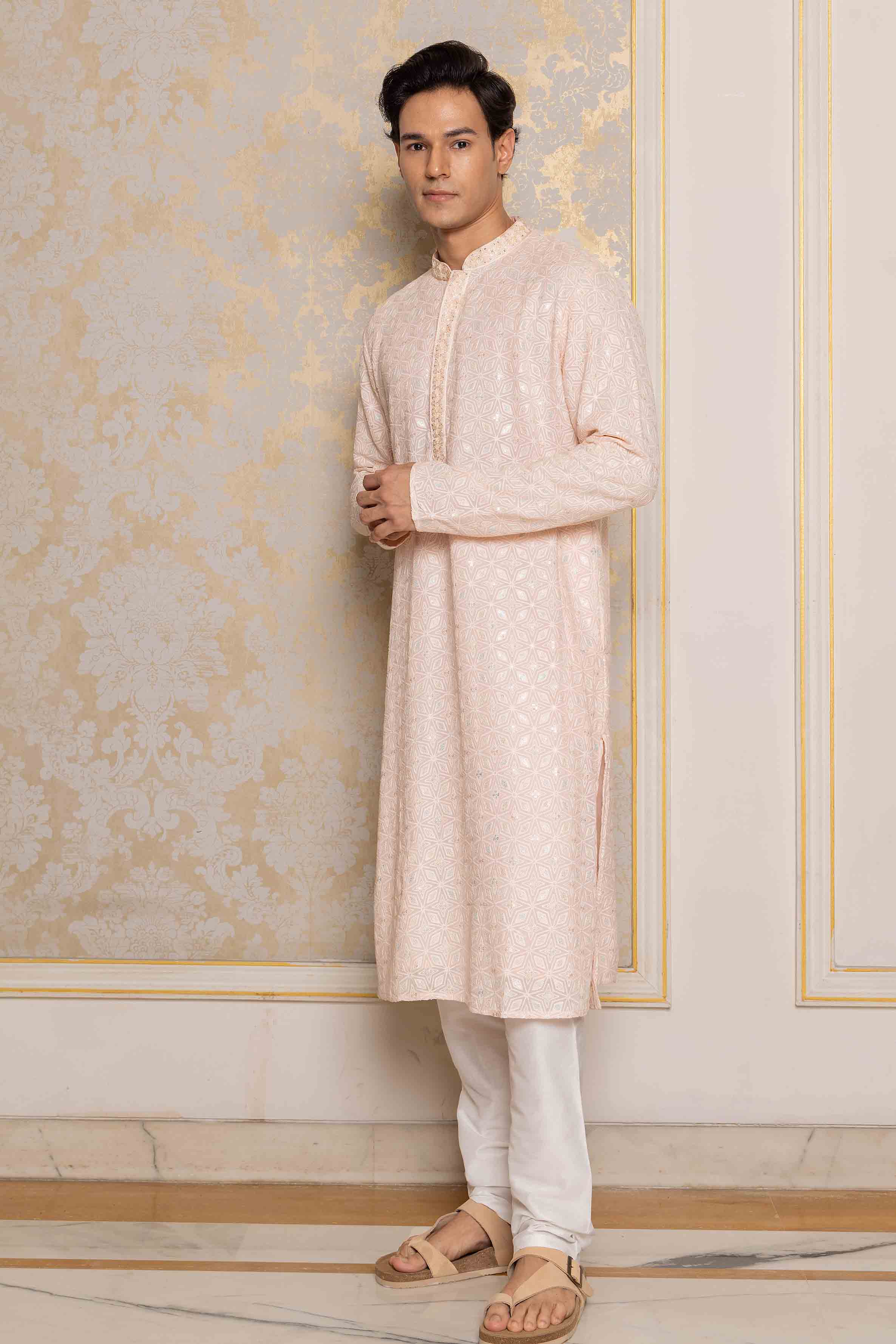 Light Pink Viscose Kurta with Floral Handwork