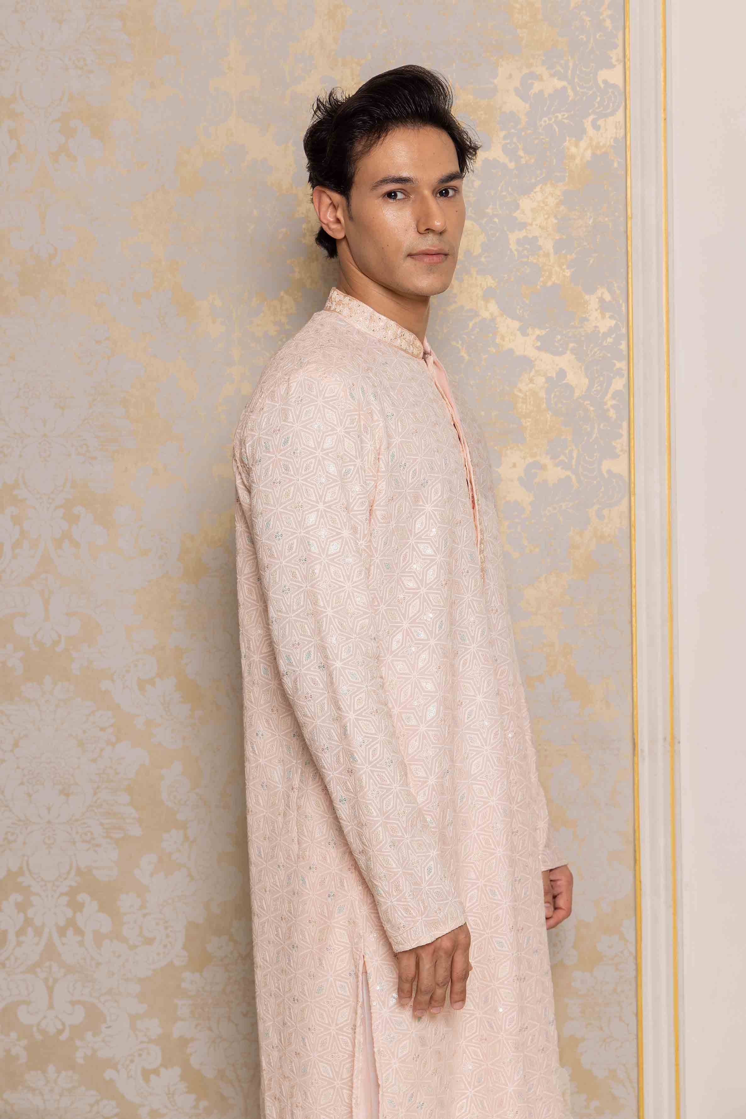 Light Pink Viscose Kurta with Floral Handwork