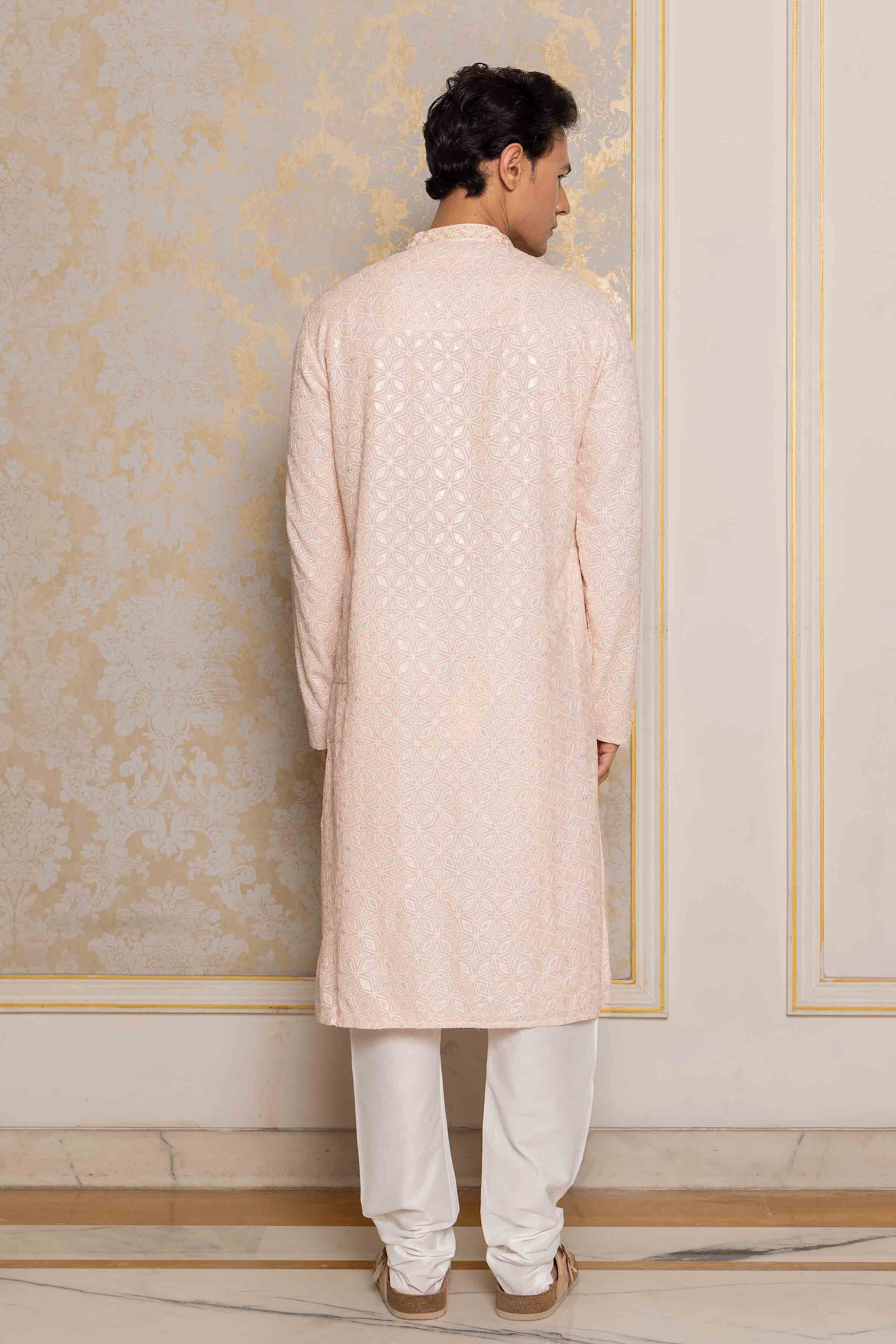 Light Pink Viscose Kurta with Floral Handwork