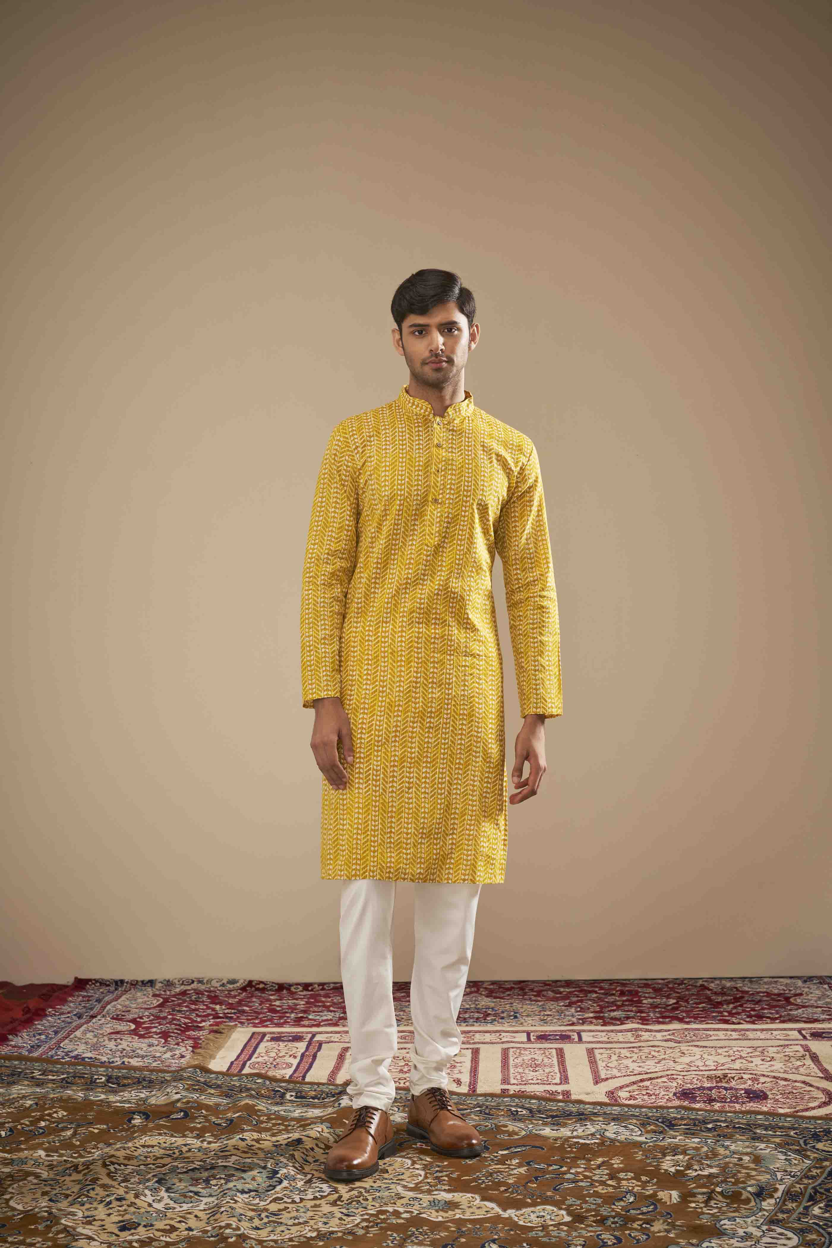 Bright Yellow Cotton Printed Kurta