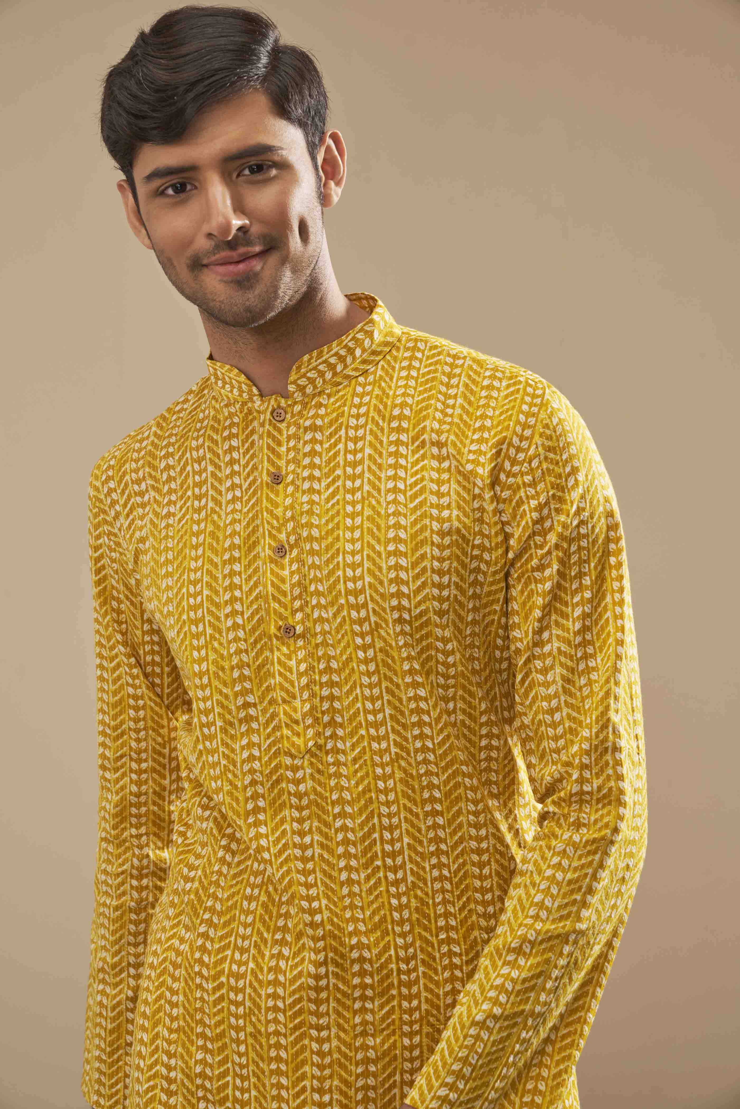 Bright Yellow Cotton Printed Kurta