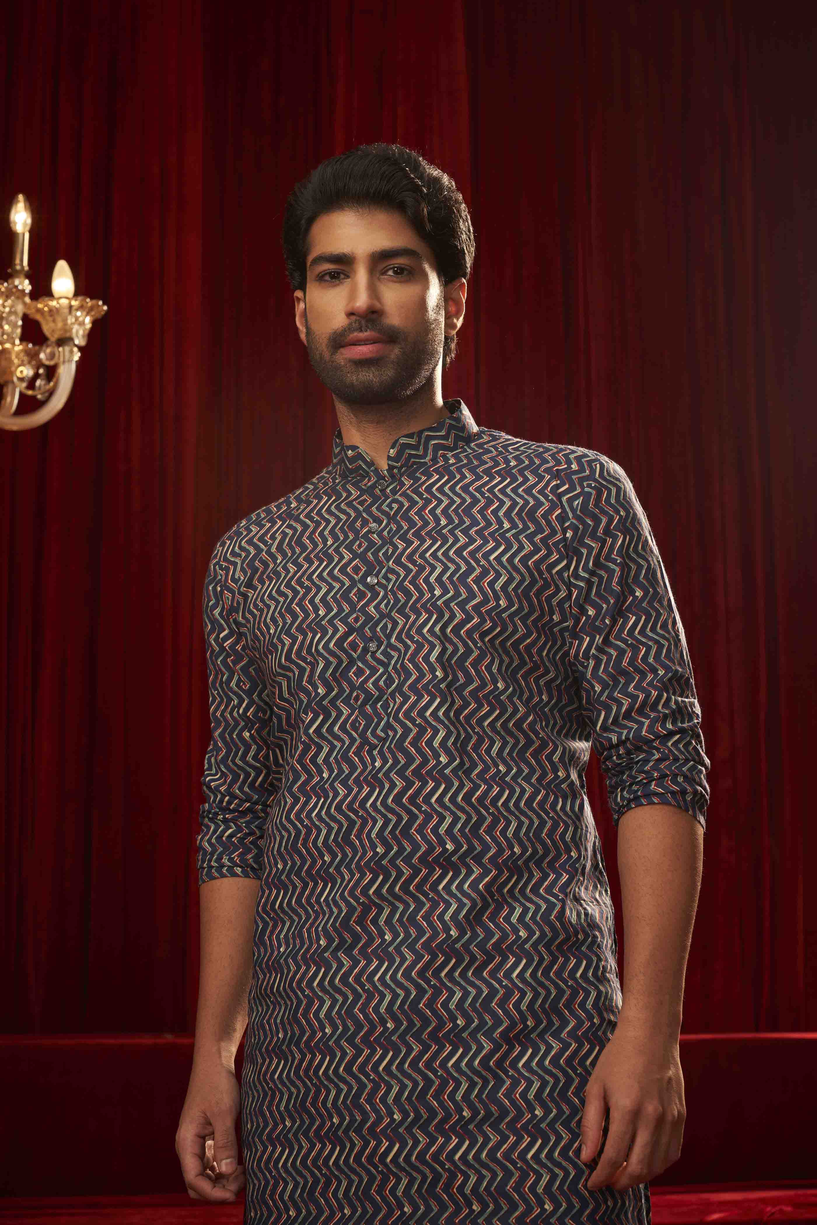 Indigo Cotton Printed Kurta