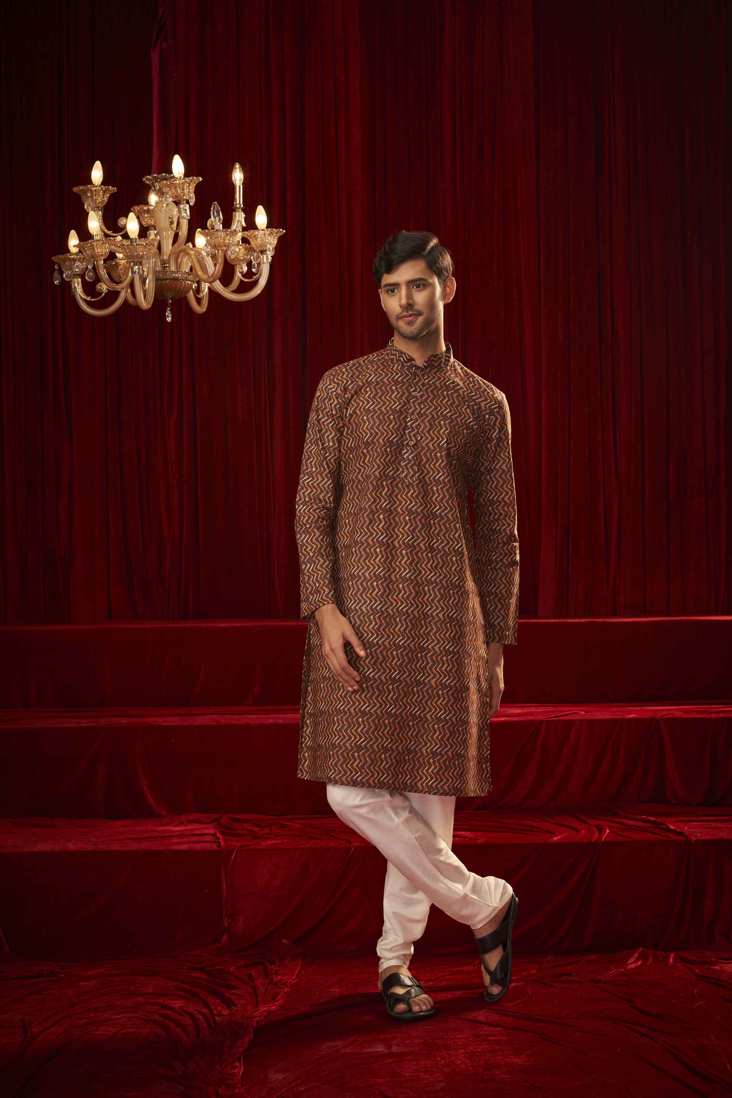 Brown Cotton Printed Kurta
