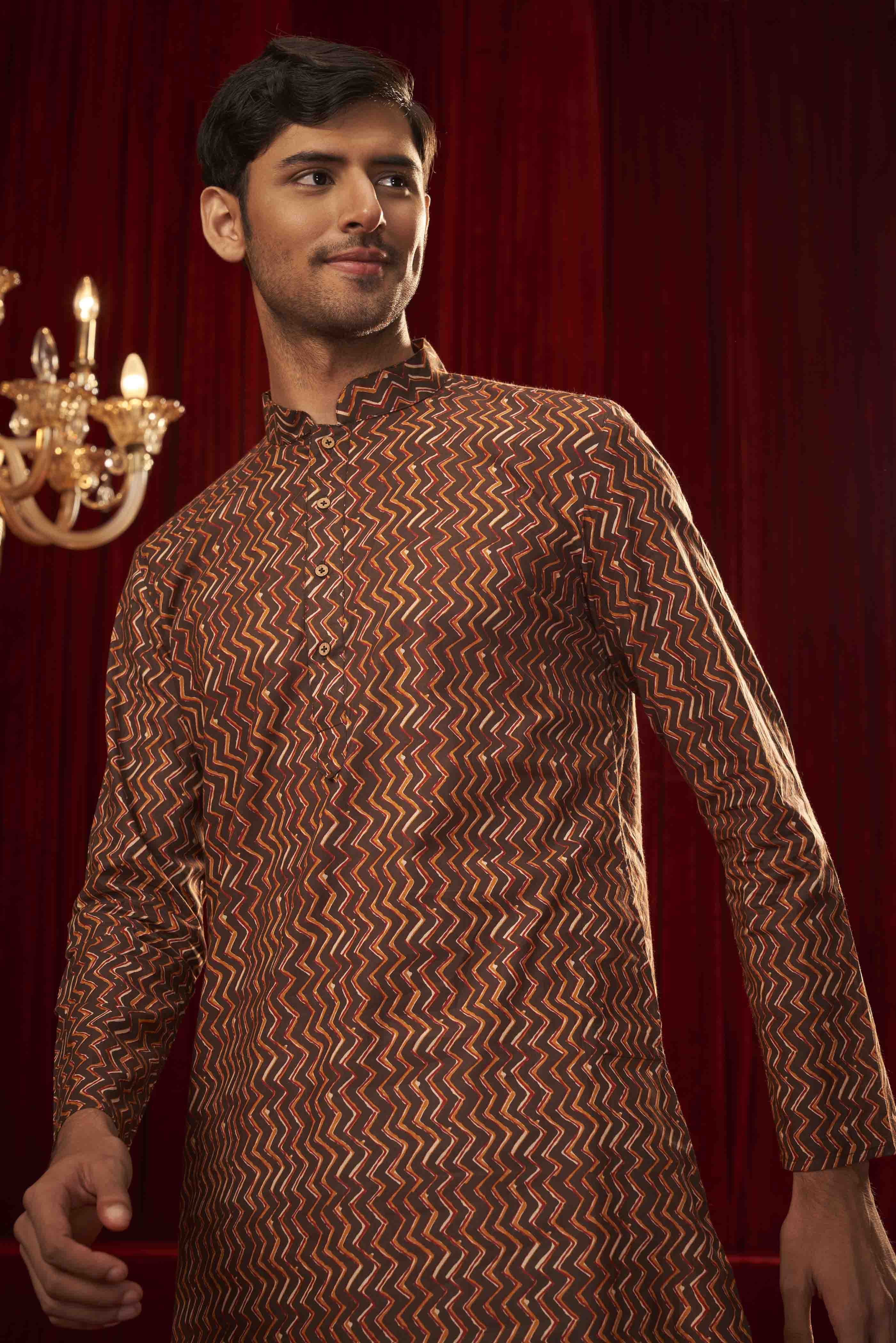 Brown Cotton Printed Kurta