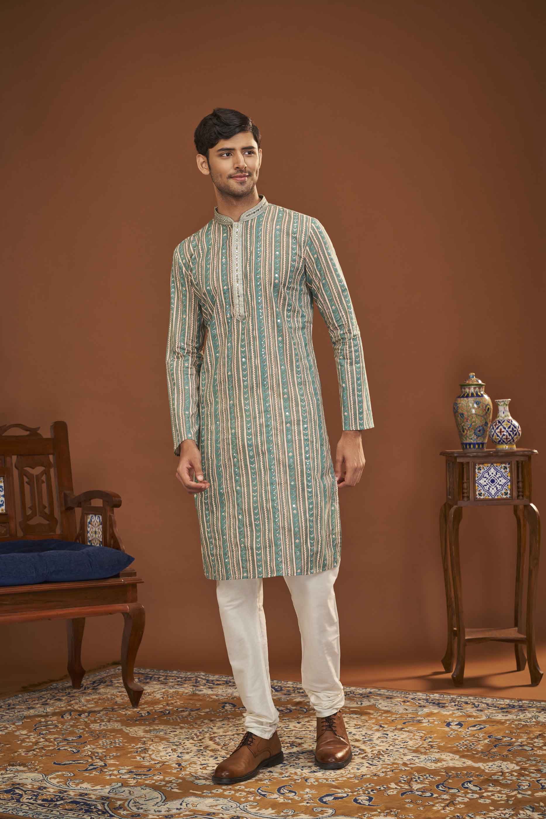 Blue Geometric Cotton Kurta with Handwork