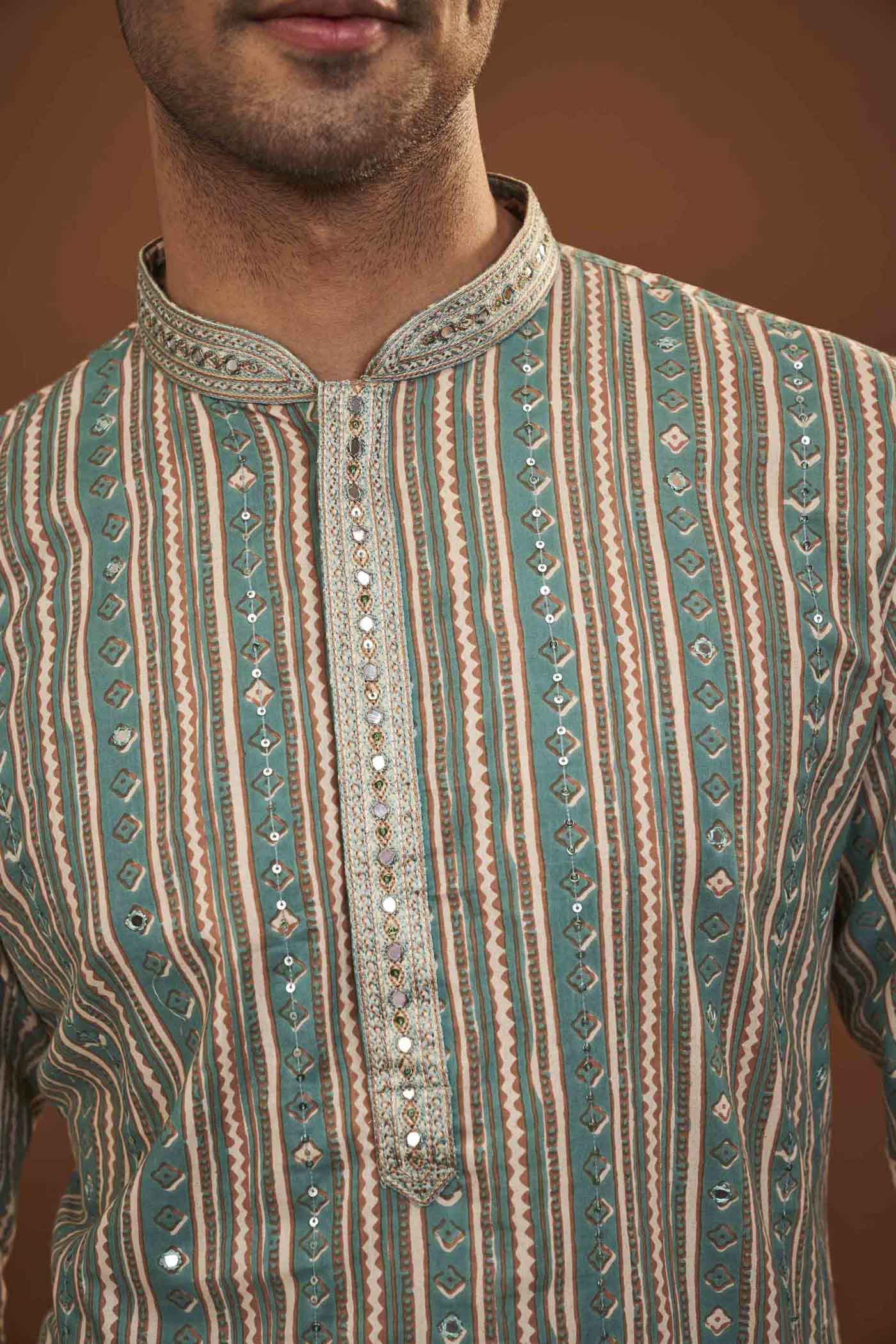 Blue Geometric Cotton Kurta with Handwork