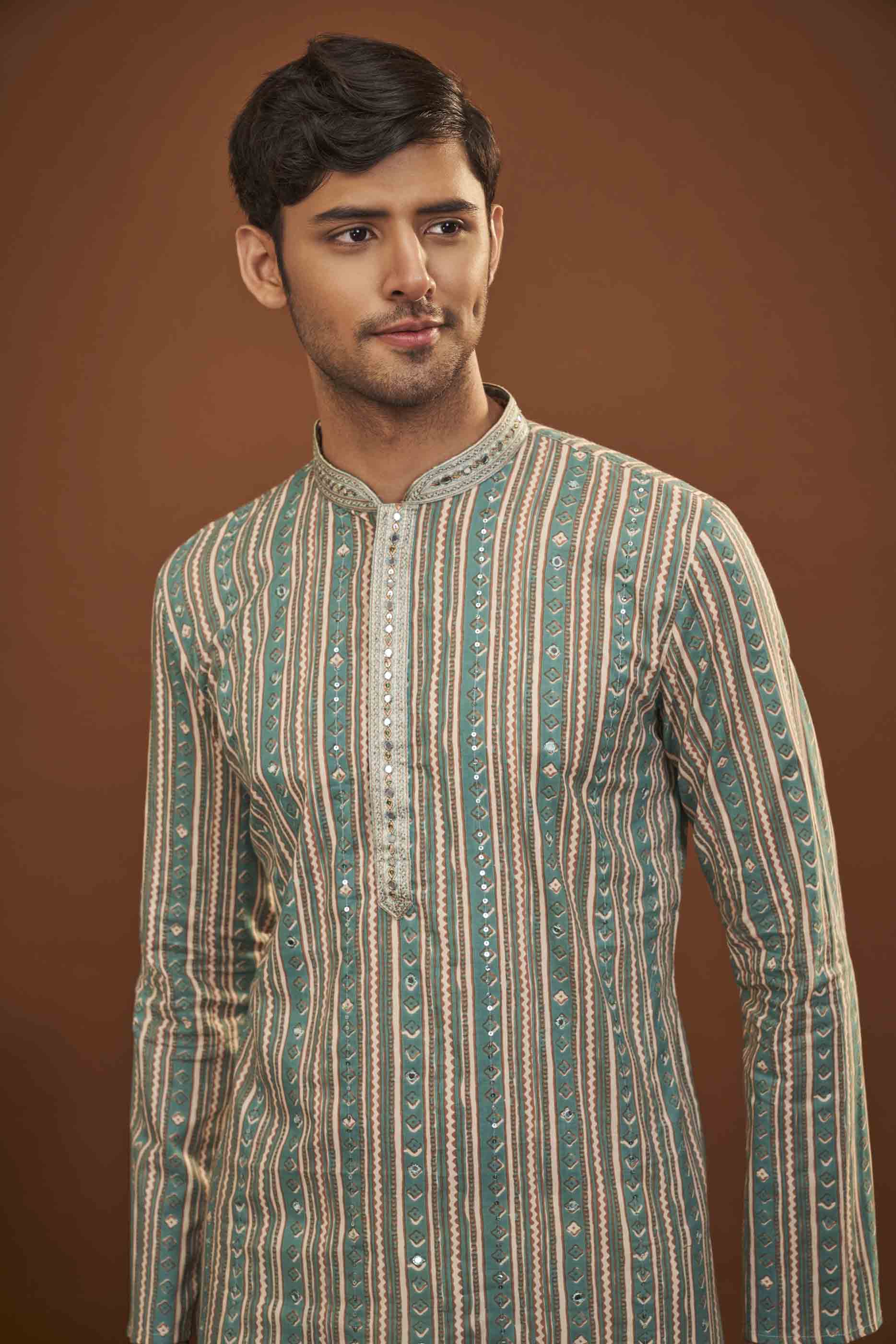Blue Geometric Cotton Kurta with Handwork