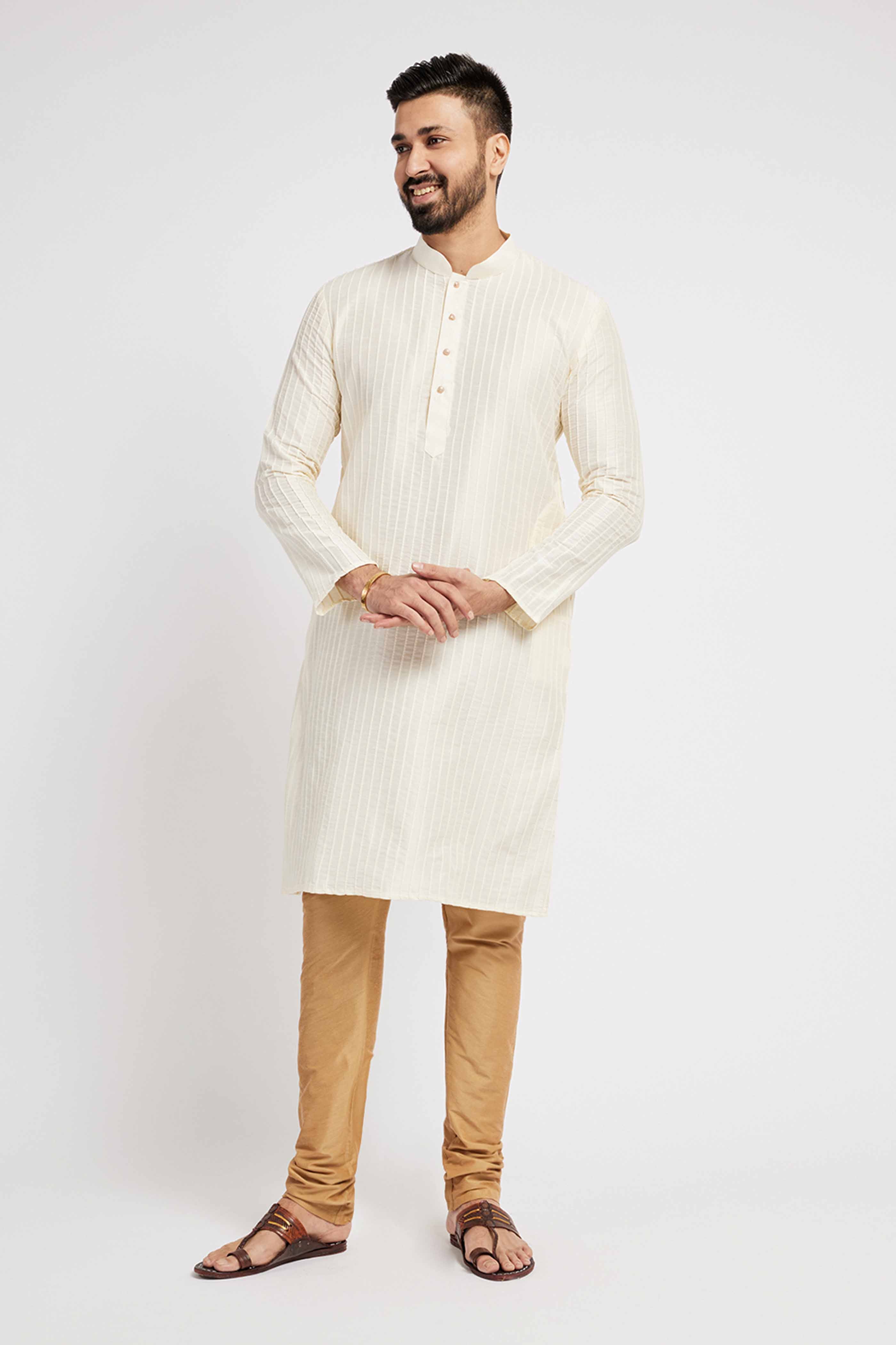 Cream Pintucks Kurta with Metallic buttons