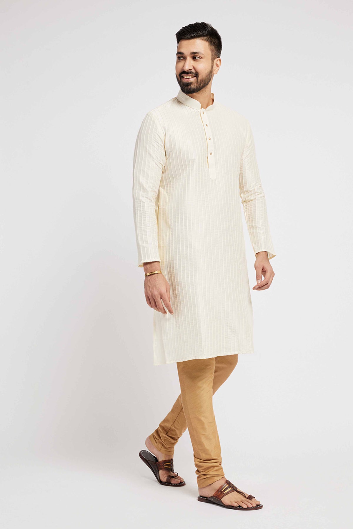 Cream Pintucks Kurta with Metallic buttons